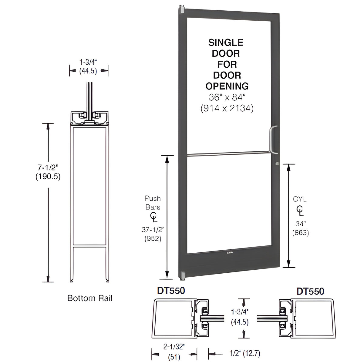CRL-U.S. Aluminum Class I Bronze Black Anodized 250 Series Narrow Stile (LHR) HLSO Single 3'0 x 7'0 Offset Hung with Pivots for Surf Mount Closer Complete Door/Std. MS Lock, 7-1/2" Standard Bottom Rail