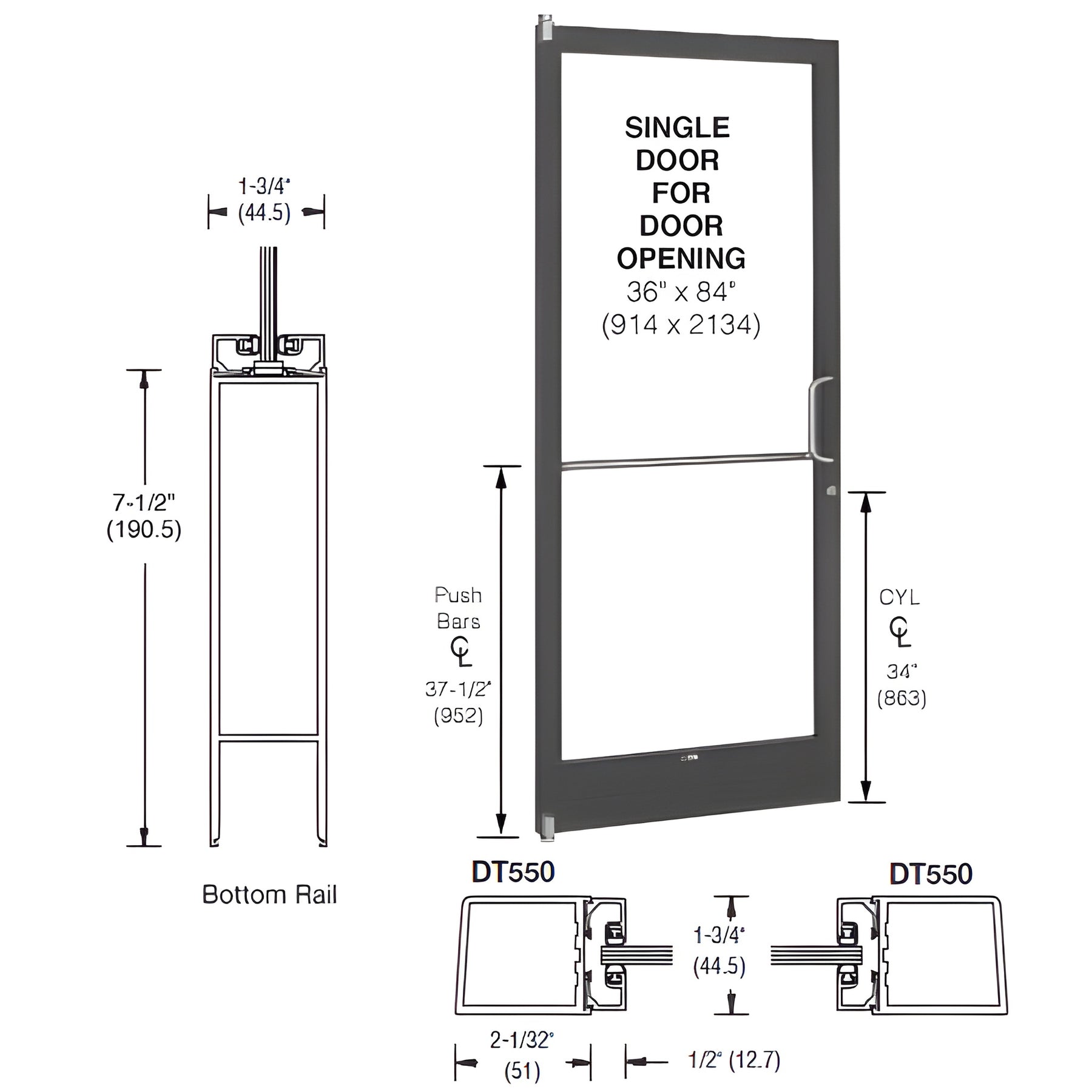 CRL-U.S. Aluminum Class I Bronze Black Anodized 250 Series Narrow Stile (LHR) HLSO Single 3'0 x 7'0 Offset Hung with Pivots for Surf Mount Closer Complete Door/Std. MS Lock, 7-1/2" Standard Bottom Rail