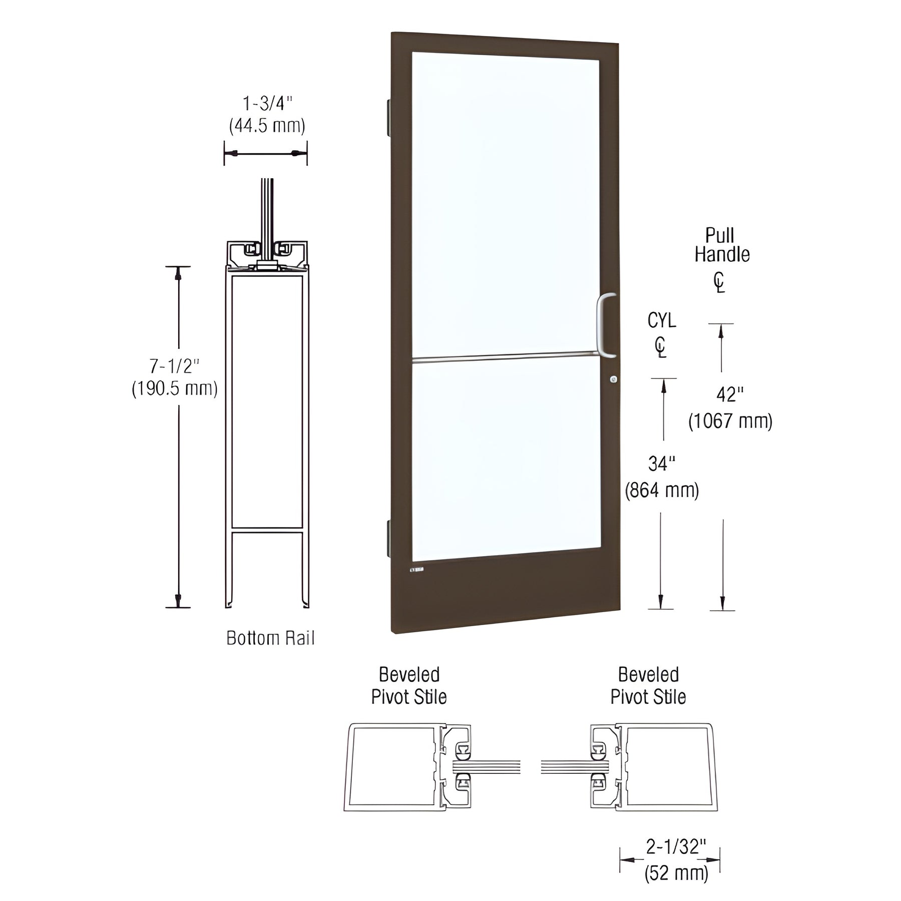 CRL-U.S. Aluminum Class I Bronze Black Anodized 250 Series Narrow Stile (LHR) HLSO Single 3'0 x 7'0 Offset Hung with Butt Hinges for Surf Mount Closer Complete Door/Std. MS Lock, 7-1/2" Std. Bottom Rail