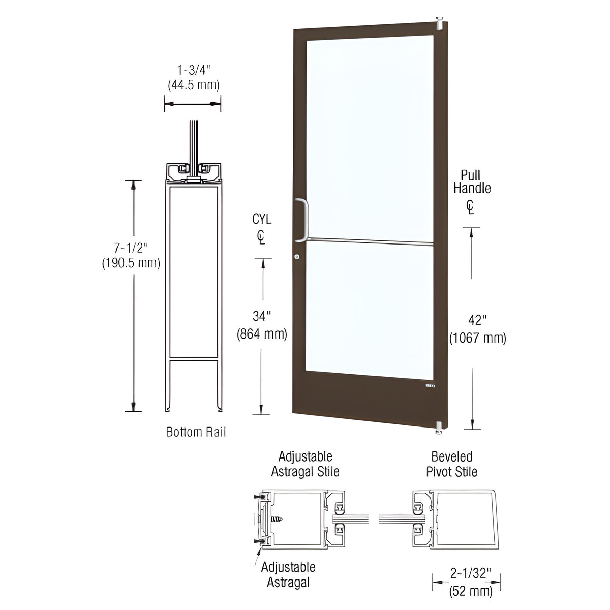 CRL-U.S. Aluminum Class I Bronze Black Anodized 250 Series Narrow Stile Active Leaf of Pair 3'0 x 7'0 Offset Hung with Pivots for Surf Mount Closer Complete Door/Std. MS Lock, 7-1/2" Standard Bottom Rail