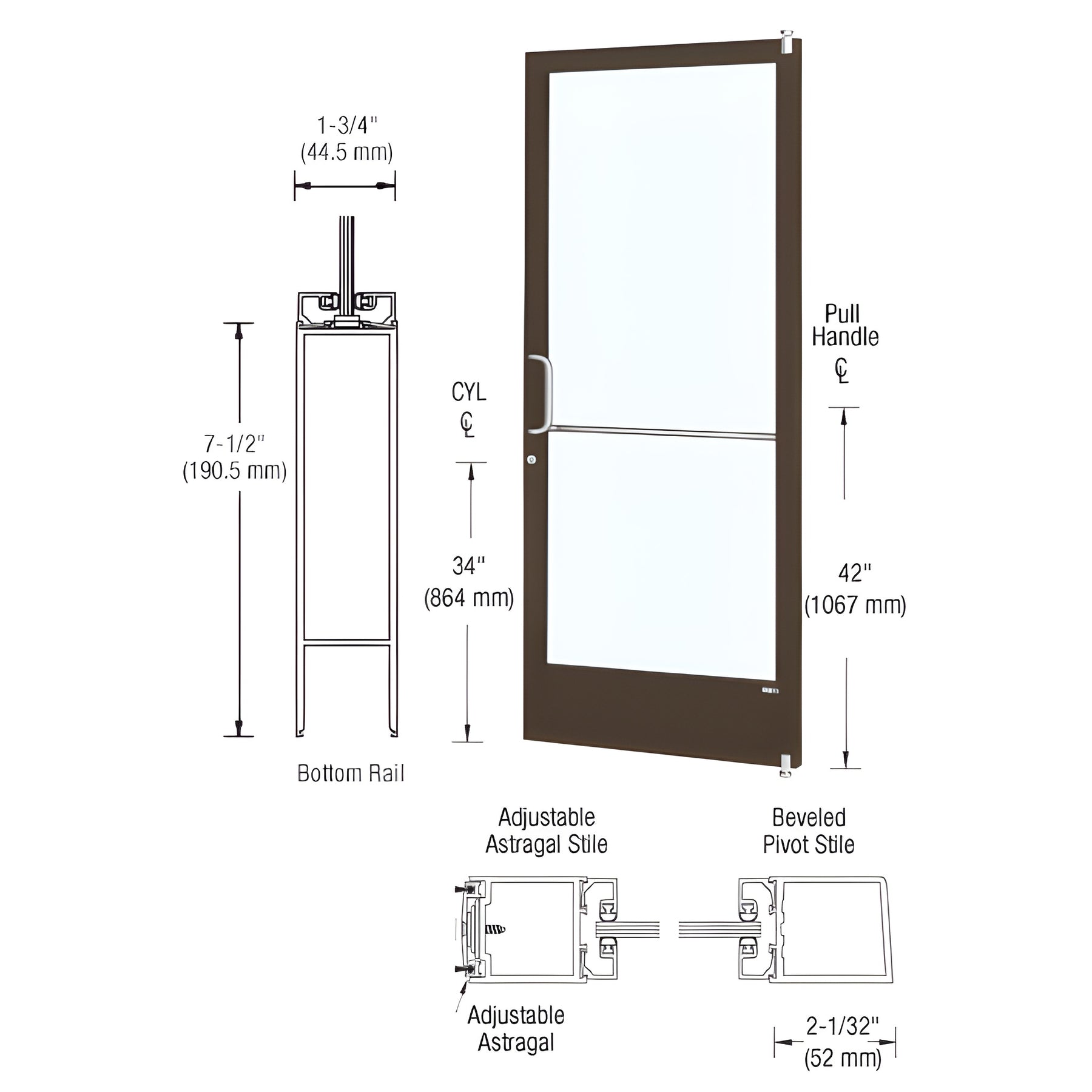 CRL-U.S. Aluminum Class I Bronze Black Anodized 250 Series Narrow Stile Active Leaf of Pair 3'0 x 7'0 Offset Hung with Pivots for Surf Mount Closer Complete Door/Std. MS Lock, 7-1/2" Standard Bottom Rail