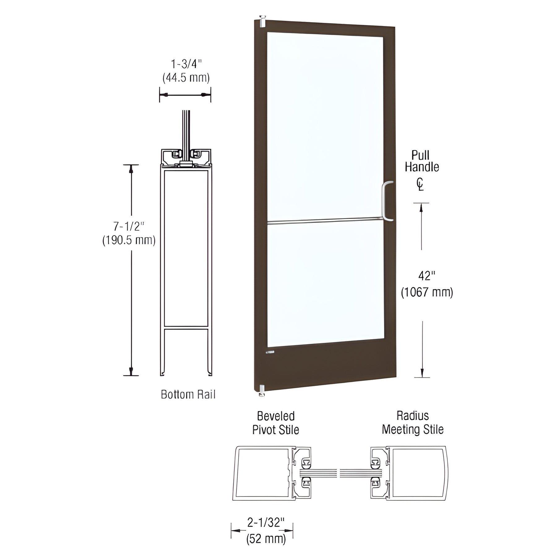 CRL-U.S. Aluminum Class I Bronze Black Anodized 250 Series Narrow Stile Inactive Leaf of Pair 3'0 x 7'0 Offset Hung with Pivots for Surf Mount Closer Complete Door/Std. MS Lock, 7-1/2" Standard Bottom Rail