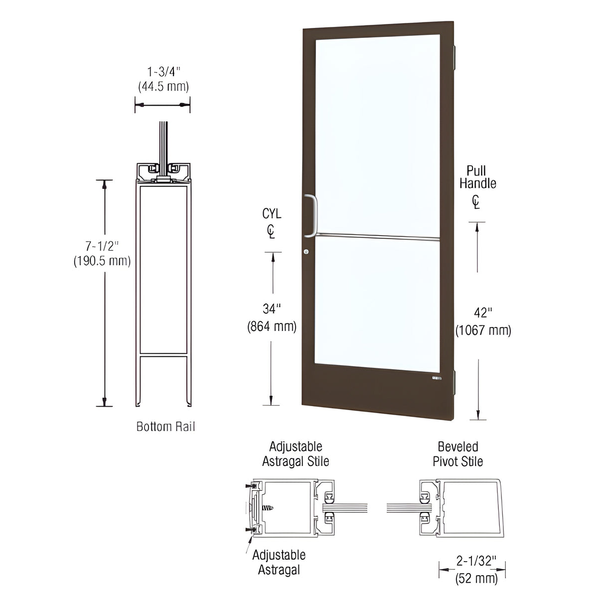 CRL-U.S. Aluminum Class I Bronze Black Anodized 250 Series Narrow Stile Active Leaf of Pair 3'0 x 7'0 Offset Hung with Butt Hinges for Surf Mount Closer Complete Door / Std. MS Lock, 7-1/2" Std. Bottom Rail
