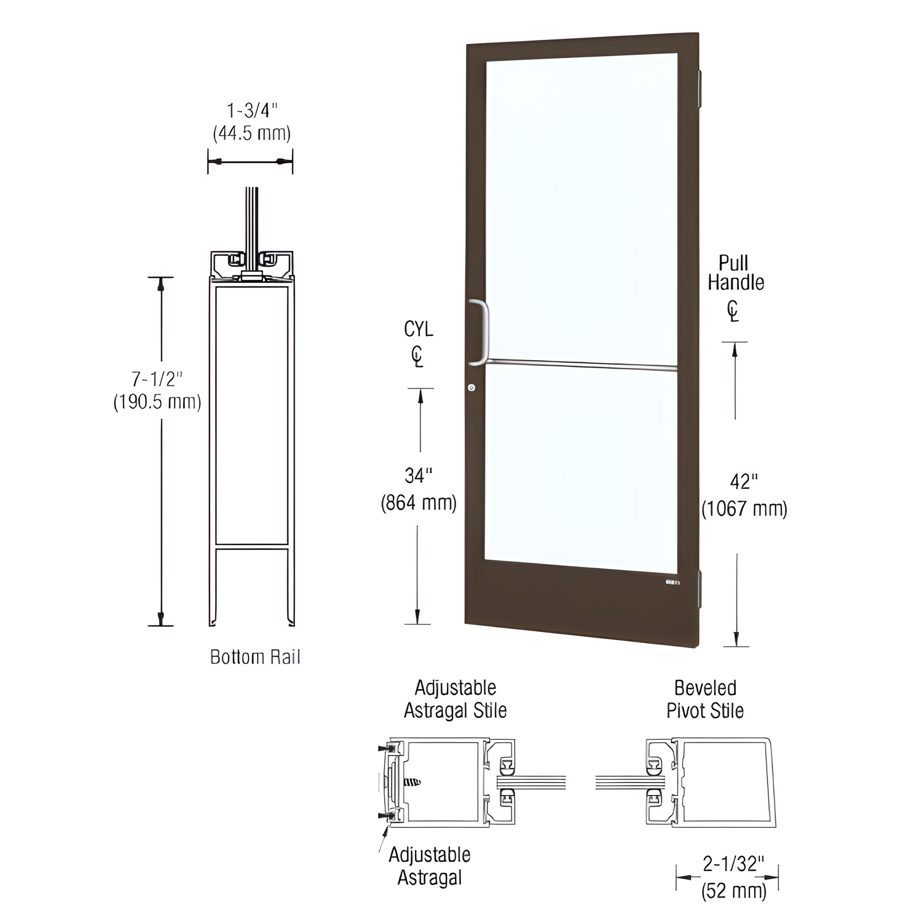 CRL-U.S. Aluminum Class I Bronze Black Anodized 250 Series Narrow Stile Active Leaf of Pair 3'0 x 7'0 Offset Hung with Butt Hinges for Surf Mount Closer Complete Door / Std. MS Lock, 7-1/2" Std. Bottom Rail