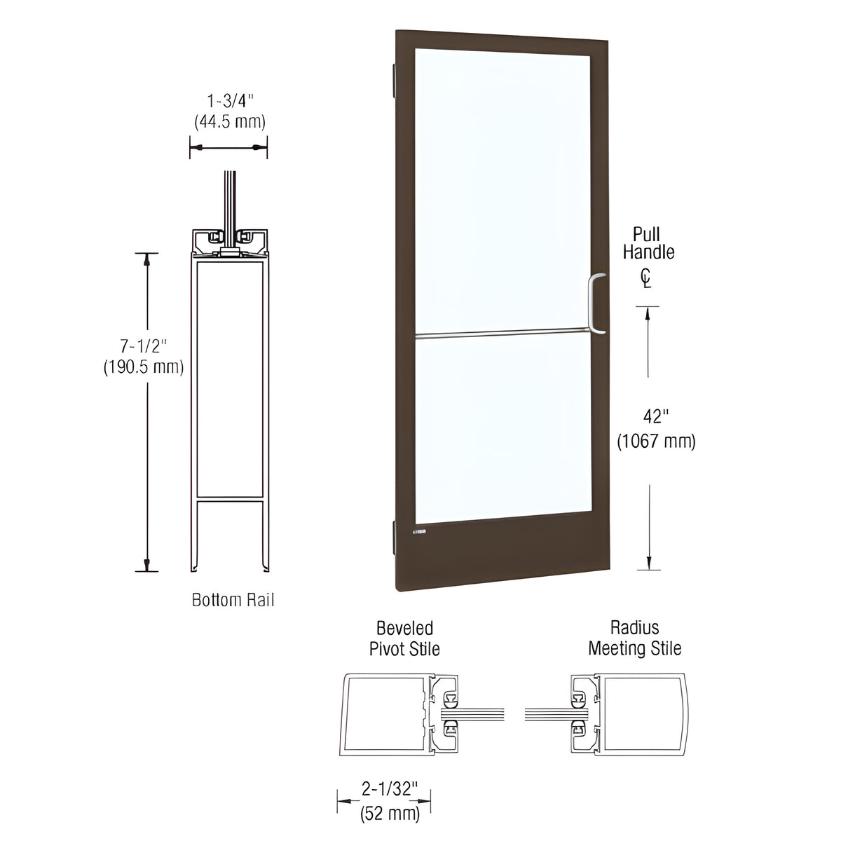 CRL-U.S. Aluminum Class I Bronze Black Anodized 250 Series Narrow Stile Inactive Leaf of Pair 3'0 x 7'0 Offset Hung with Butt Hinges for Surf Mount Closer Complete Door/Std. MS Lock, 7-1/2" Std. Bottom Rail