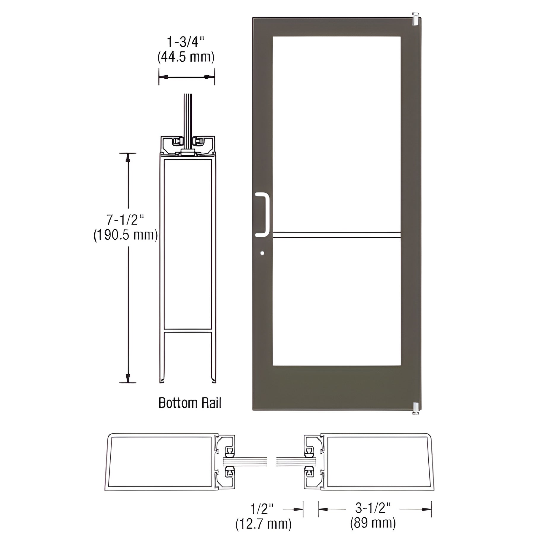CRL-U.S. Aluminum Class I Bronze Black Anodized 400 Series Medium Stile (RHR) HRSO Single 3'0 x 7'0 Offset Hung with Pivots for Surf Mount Closer Complete Door/Std. MS Lock, 7-1/2" Std. Bottom Rail