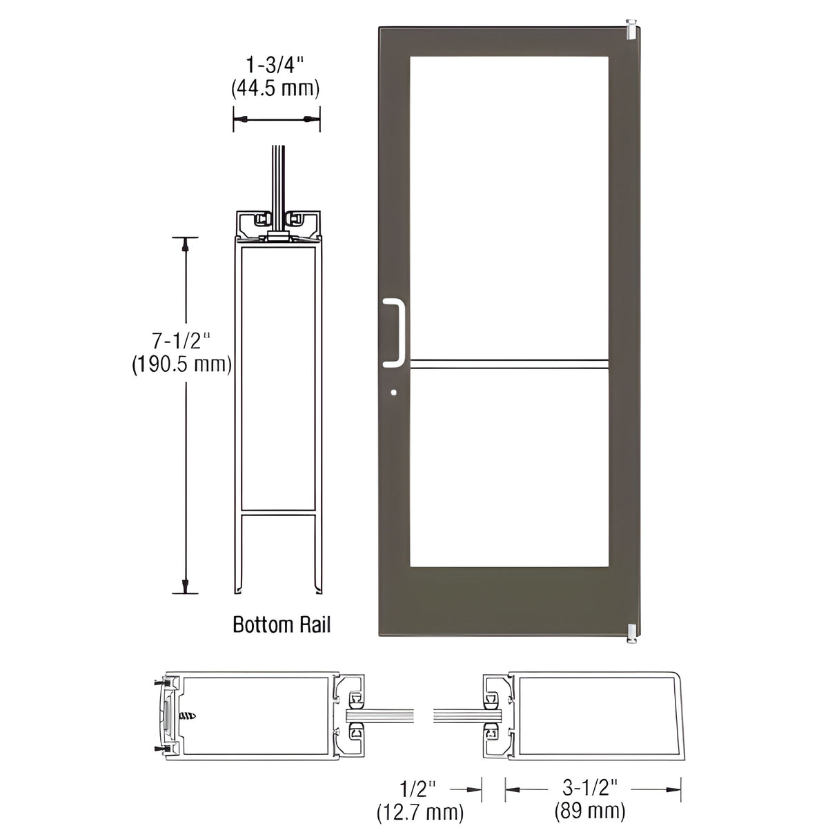 CRL-U.S. Aluminum Class I Bronze Black Anodized 400 Series Medium Stile Active Leaf of Pair 3'0 x 7'0 Offset Hung with Pivots for Surf Mount Closer Complete Door/Std. MS Lock, 7-1/2" Std. Bottom Rai