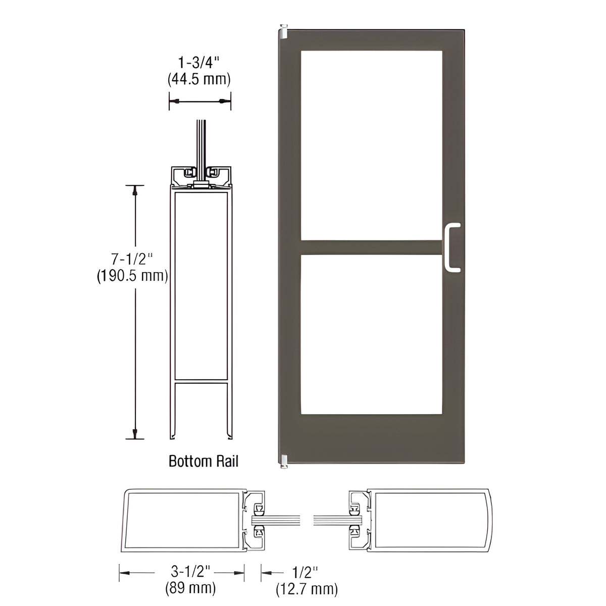 CRL-U.S. Aluminum Class I Bronze Black Anodized 400 Series Medium Stile Inactive Leaf of Pair 3'0 x 7'0 Offset Hung with Pivots for Surf Mount Closer Complete Panic Door with Std. Panic and 7-1/2" Bottom Rail