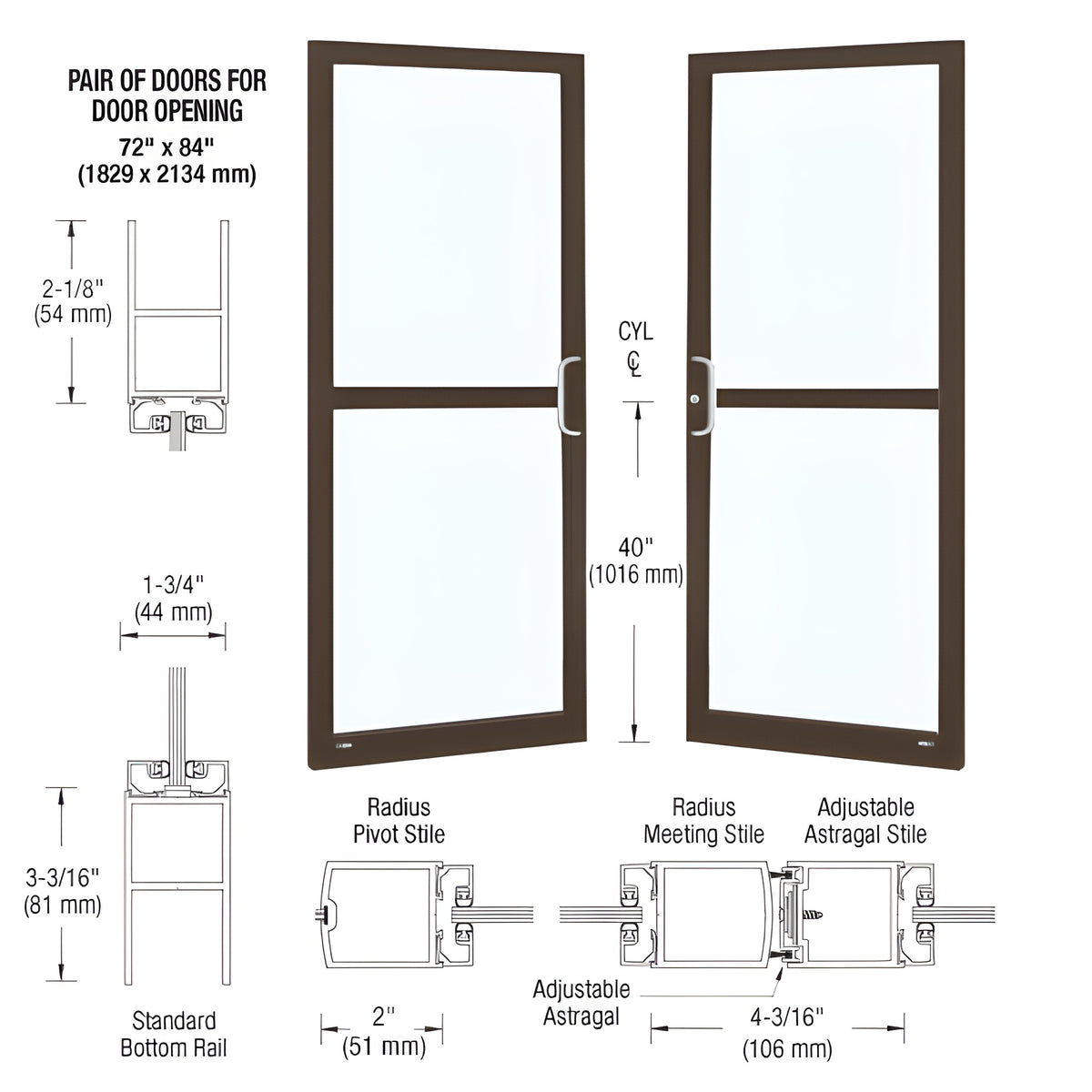 CRL-U.S. Aluminum Class I Bronze Black Anodized Custom Pair Series 250 Narrow Stile Center Pivot Entrance Doors for Panics and Overhead Concealed Door Closers