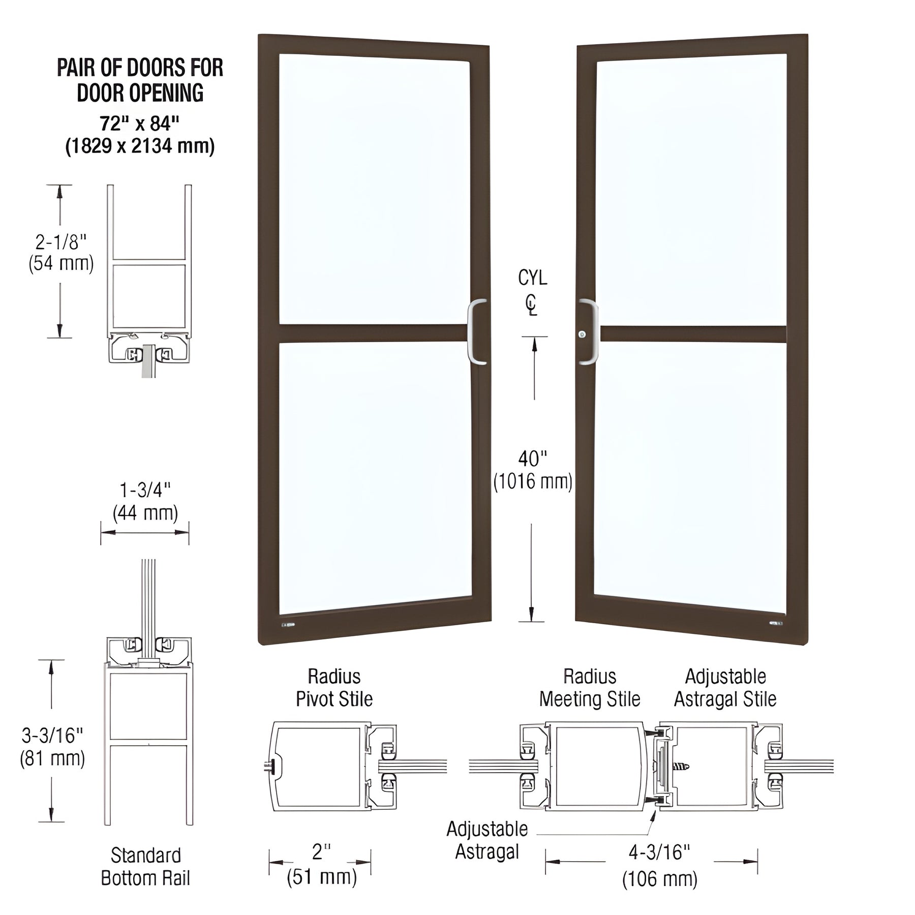 CRL-U.S. Aluminum Class I Bronze Black Anodized Custom Pair Series 250 Narrow Stile Center Pivot Entrance Doors for Panics and Overhead Concealed Door Closers