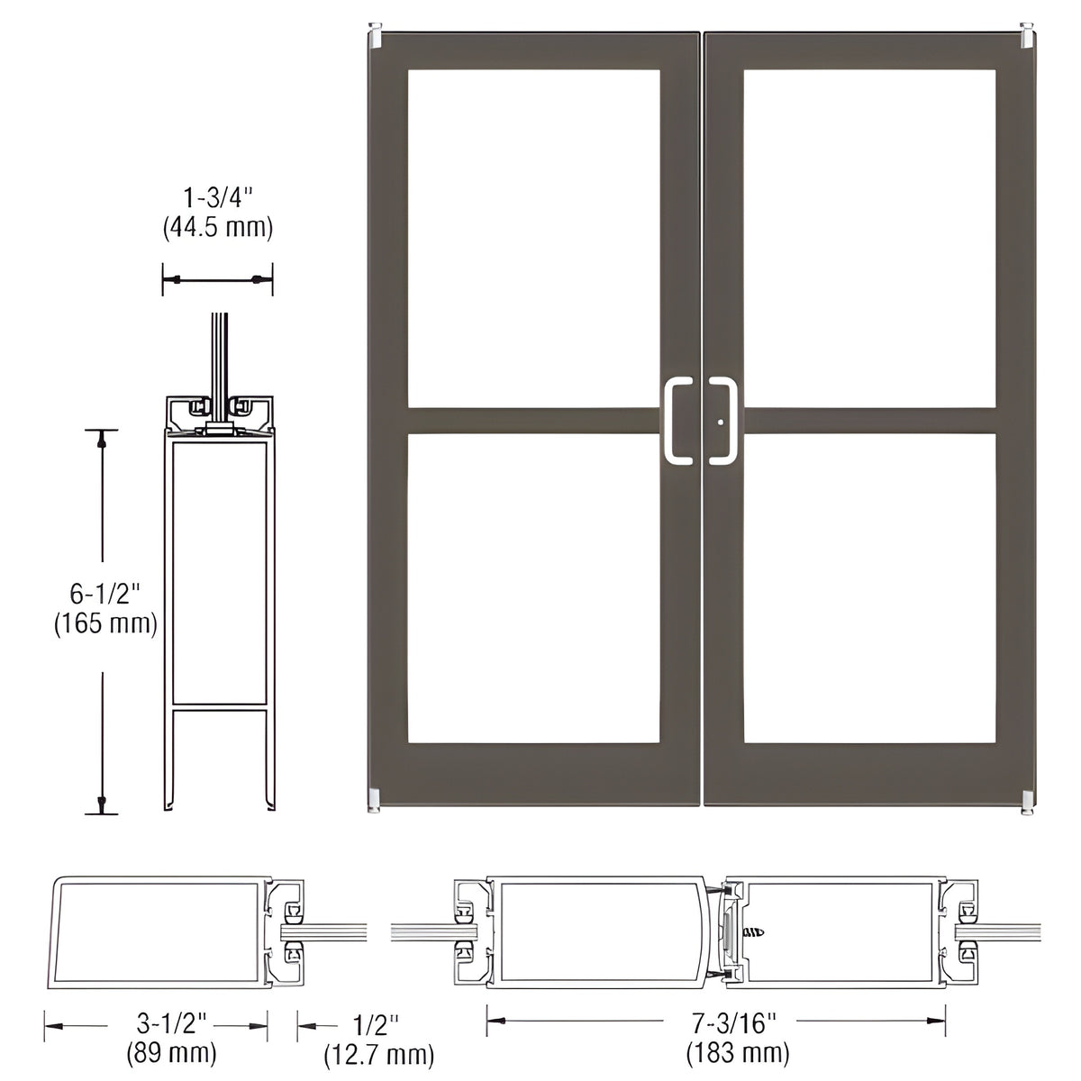 CRL-U.S. Aluminum Class I Bronze Black Anodized Custom Pair Series 400 Medium Stile Offset Pivot Entrance Doors For Panics for Surface Mount Door Closers