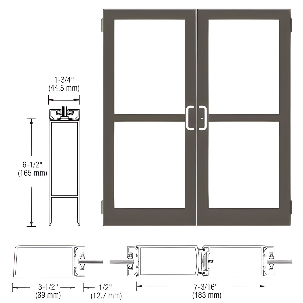 CRL-U.S. Aluminum Class I Bronze Black Anodized Custom Pair Series 400 Medium Stile Butt Hinged Entrance Door With Panics for Surface Mount Door Closers