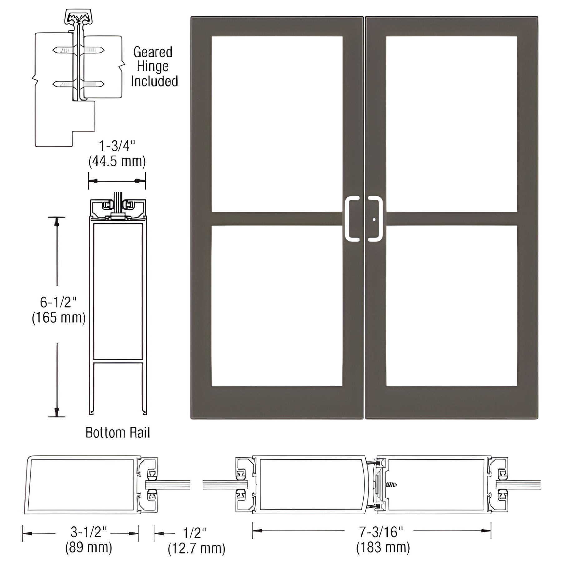 CRL-U.S. Aluminum Class I Bronze Black Anodized Custom Pair Series 400 Medium Stile Offset Hung Geared Hinge Entrance Doors for Panics and Surface Mount Door Closers