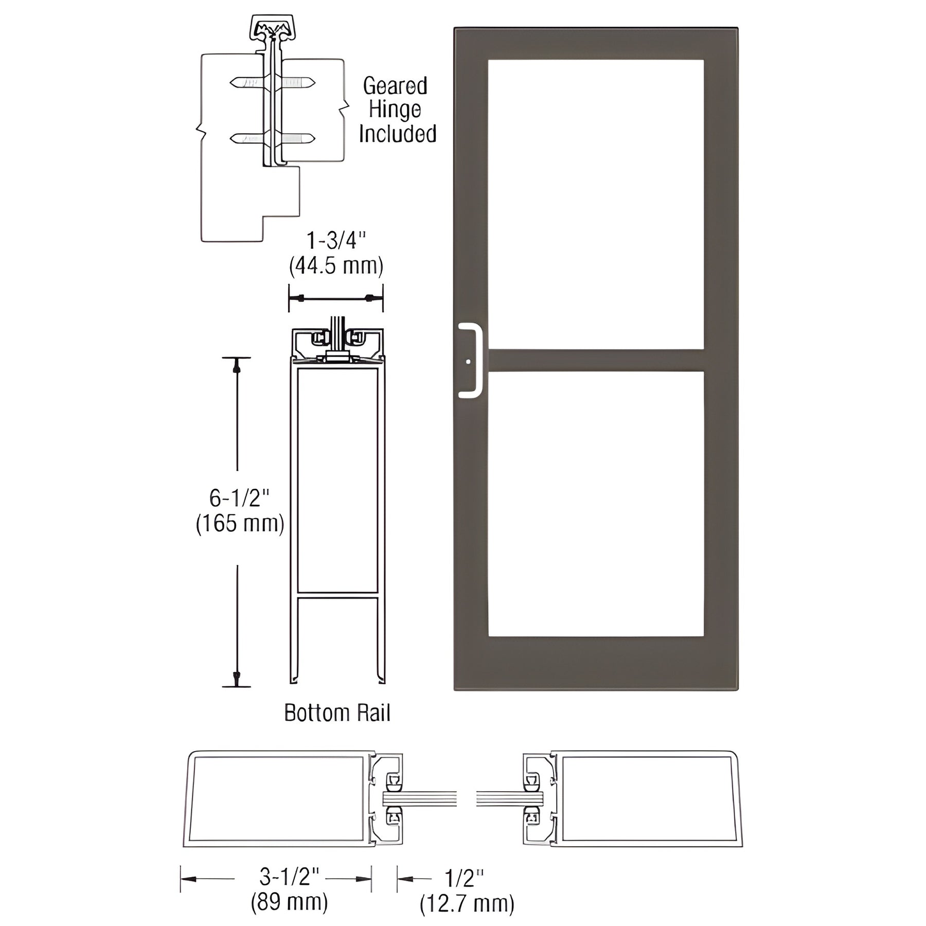 CRL-U.S. Aluminum Class I Bronze Black Anodized Custom Single Series 400 Medium Stile Offset Hung Geared Hinge Entrance Door For Panic and Surface Mount Door Closer