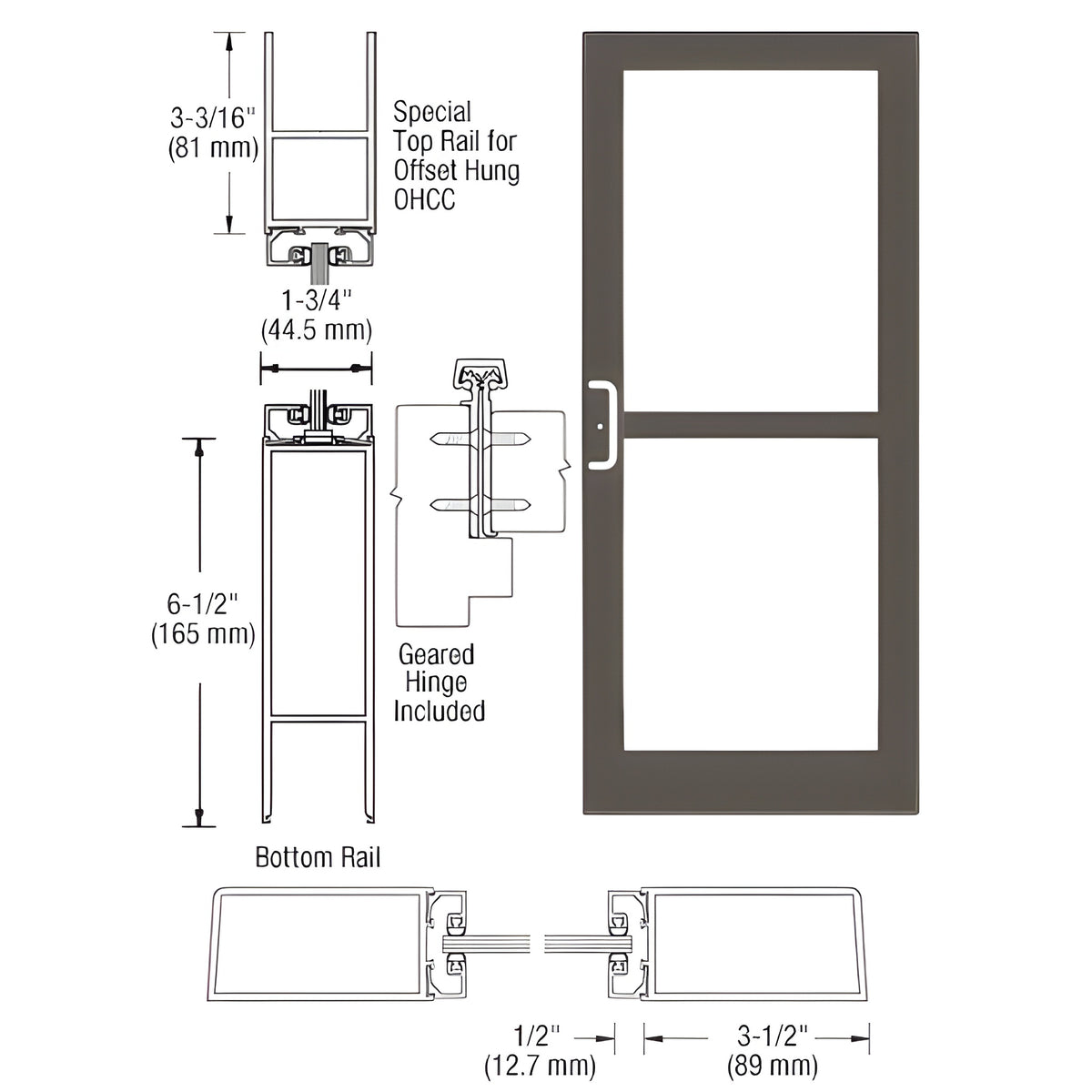 CRL-U.S. Aluminum Class I Bronze Black Anodized Custom Single Series 400 Medium Stile Offset Hung Geared Hinge Entrance Door For Panic and Overhead Concealed Door Closer
