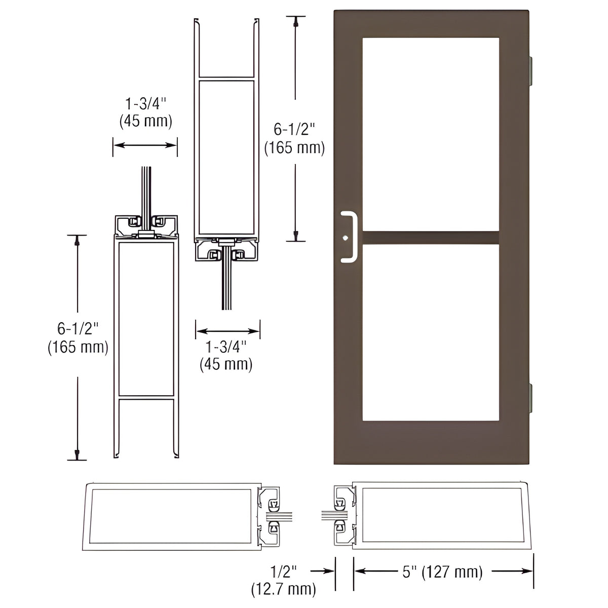 CRL-U.S. Aluminum Class I Bronze Black Anodized Custom Single Series 550 Wide Stile Butt Hinged Entrance Door For Panic and Overhead Concealed Door Closer