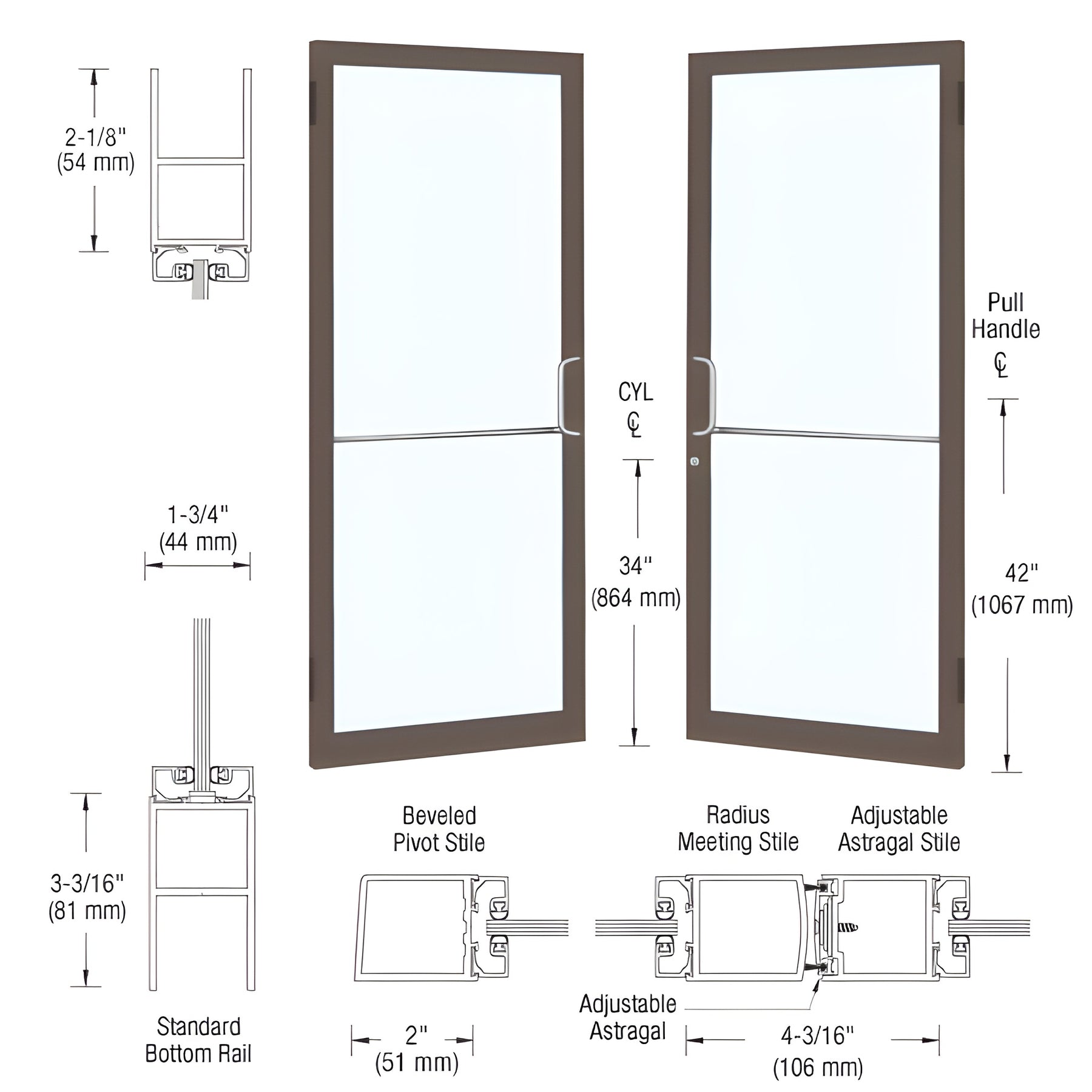 CRL-U.S. Aluminum Class I Bronze Black Anodized Custom Size Pair Series 250 Narrow Stile Butt Hinge Showroom Doors for Surface Mount Door Closers