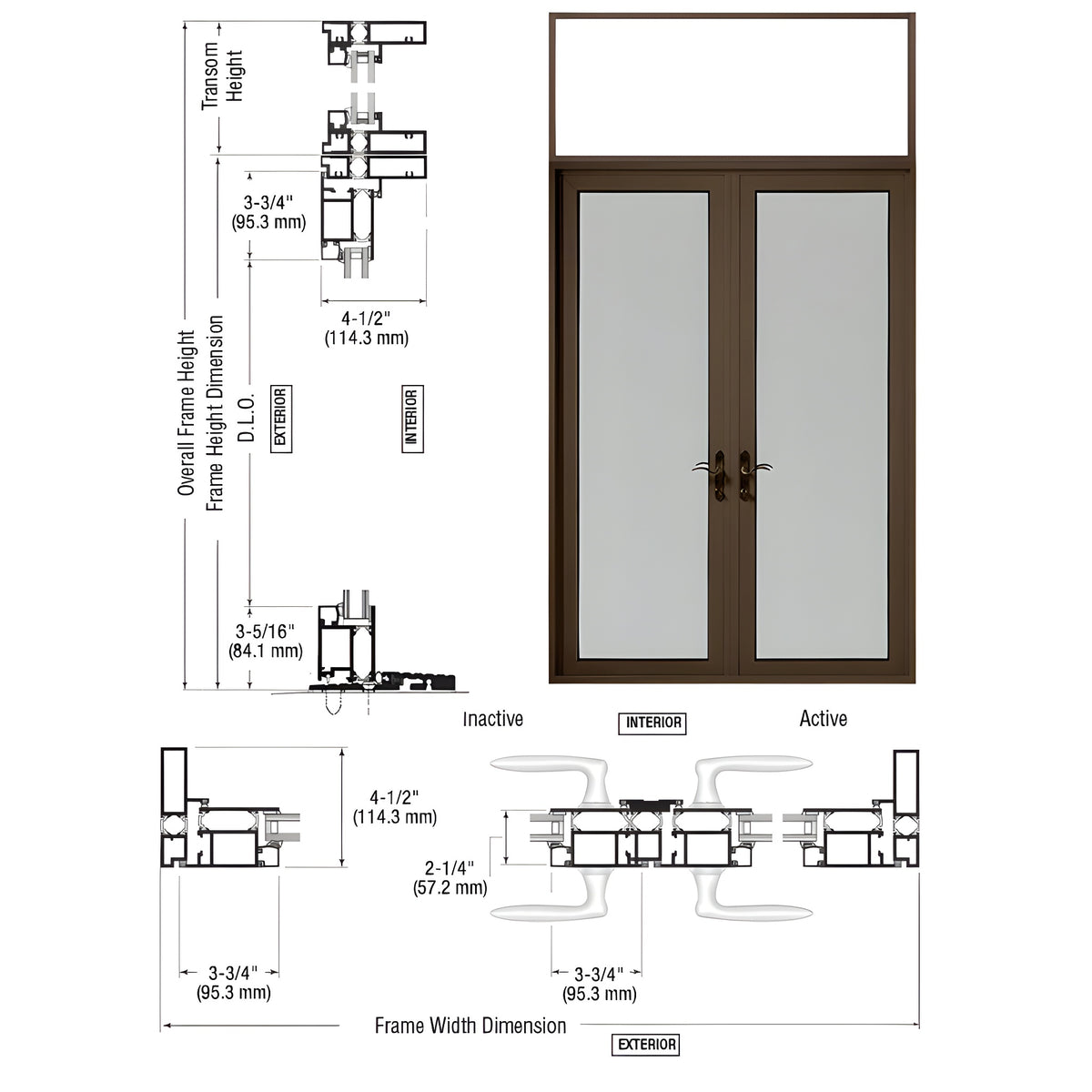 CRL-U.S. Aluminum Class I Bronze Black Anodized Series 925 Transom Patio Door Pair Swing Out