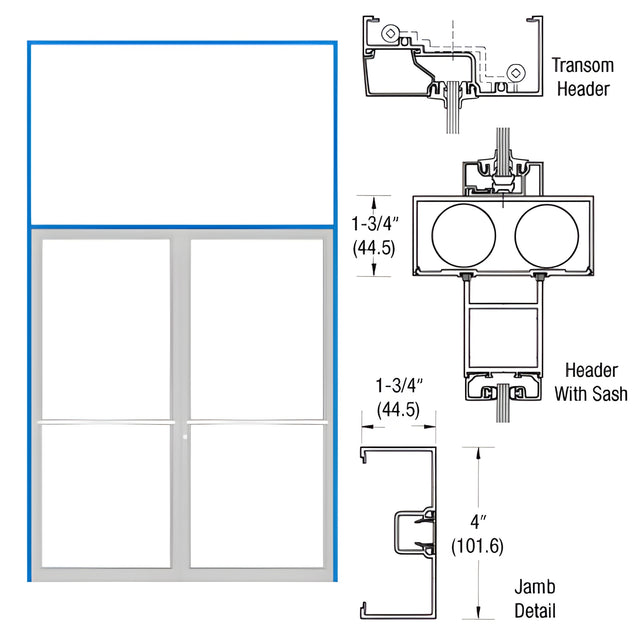 CRL-U.S. Aluminum Clear Anodized 1-3/4" x 4" Open Back Transom Frame for Pair of Doors Prepped for Center Hung Overhead Concealed Closers