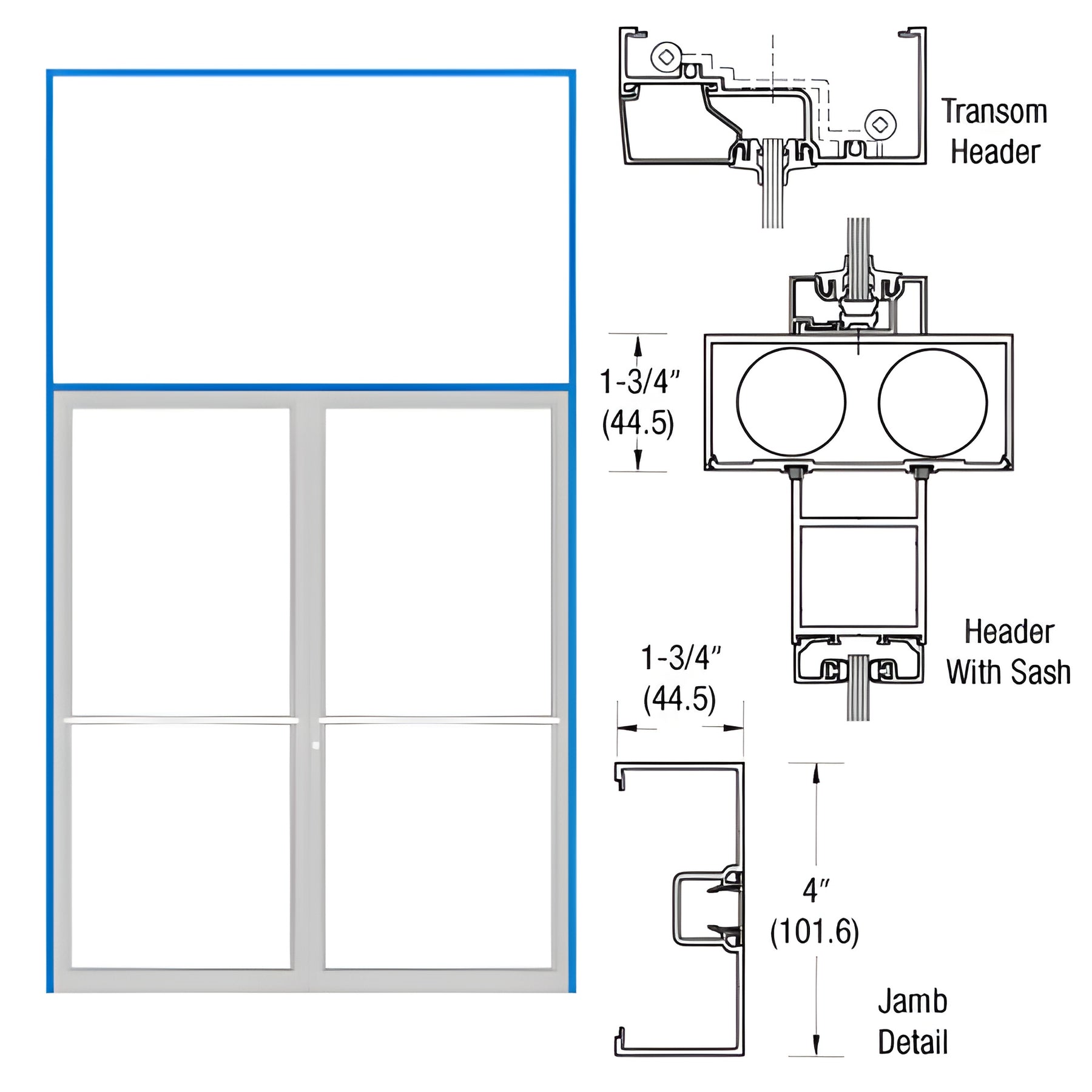 CRL-U.S. Aluminum Clear Anodized 1-3/4" x 4" Open Back Transom Frame for Pair of Doors Prepped for Center Hung Overhead Concealed Closers