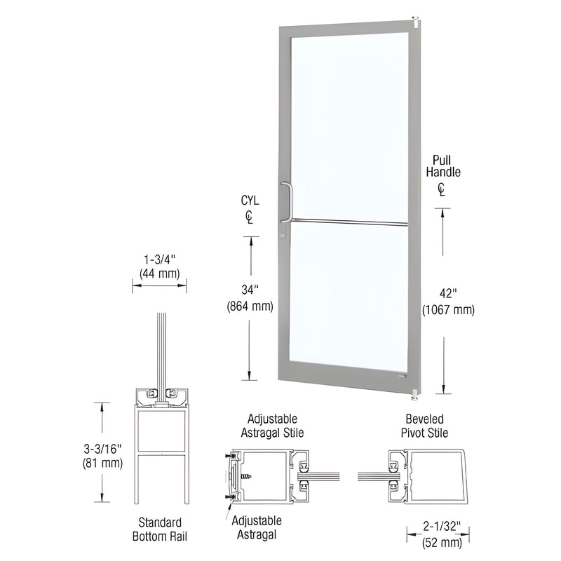 CRL-U.S. Aluminum Clear Anodized 250 Series Narrow Stile Active Leaf of Pair 3'0 x 7'0 Offset Hung with Pivots for Surf Mount Closer Complete