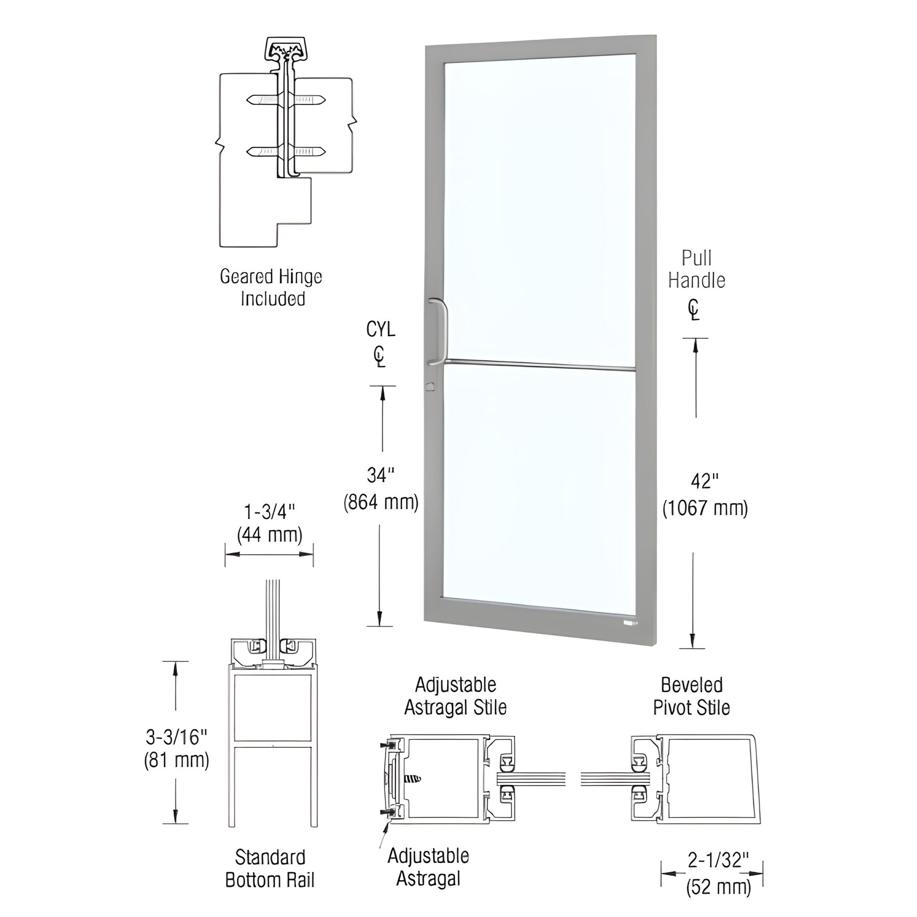 CRL-U.S. Aluminum Clear Anodized 250 Series Narrow Stile Active Leaf of Pair 3'0 x 7'0 Offset Hung with Geared Hinged Complete Door for 1" Glass with Standard MS Lock and Bottom Rail