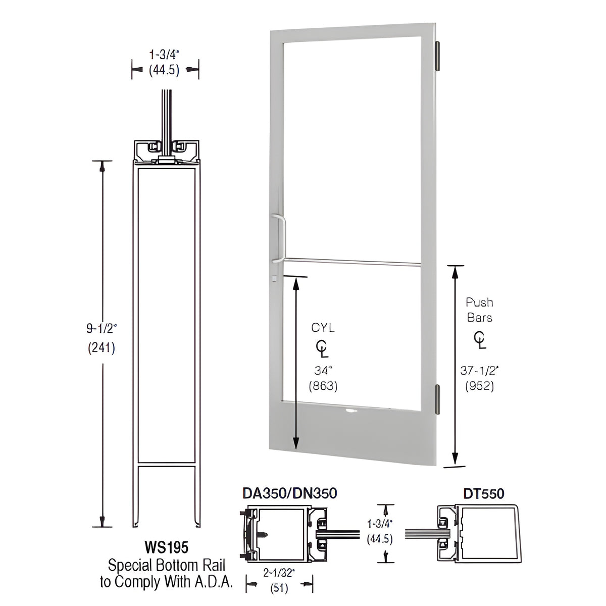 CRL-U.S. Aluminum Clear Anodized 250 Series Narrow Stile Active Leaf of Pair 3'0 x 7'0 Offset Hung with Butt Hinges for Surf Mount Closer Complete Door for 1" Glass with Standard MS Lock and Bottom Rail