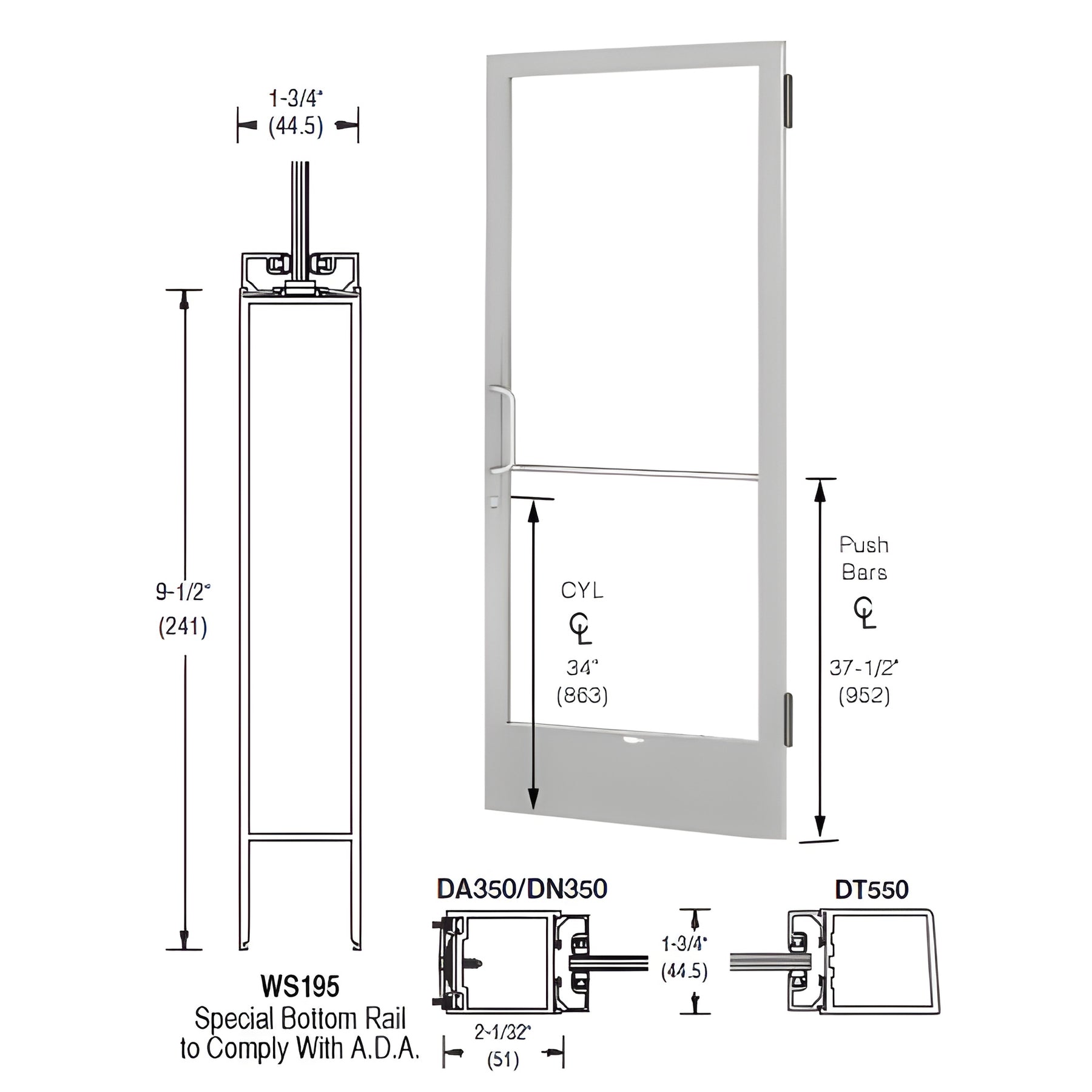 CRL-U.S. Aluminum Clear Anodized 250 Series Narrow Stile Active Leaf of Pair 3'0 x 7'0 Offset Hung with Butt Hinges for Surf Mount Closer Complete Door for 1" Glass with Standard MS Lock and Bottom Rail
