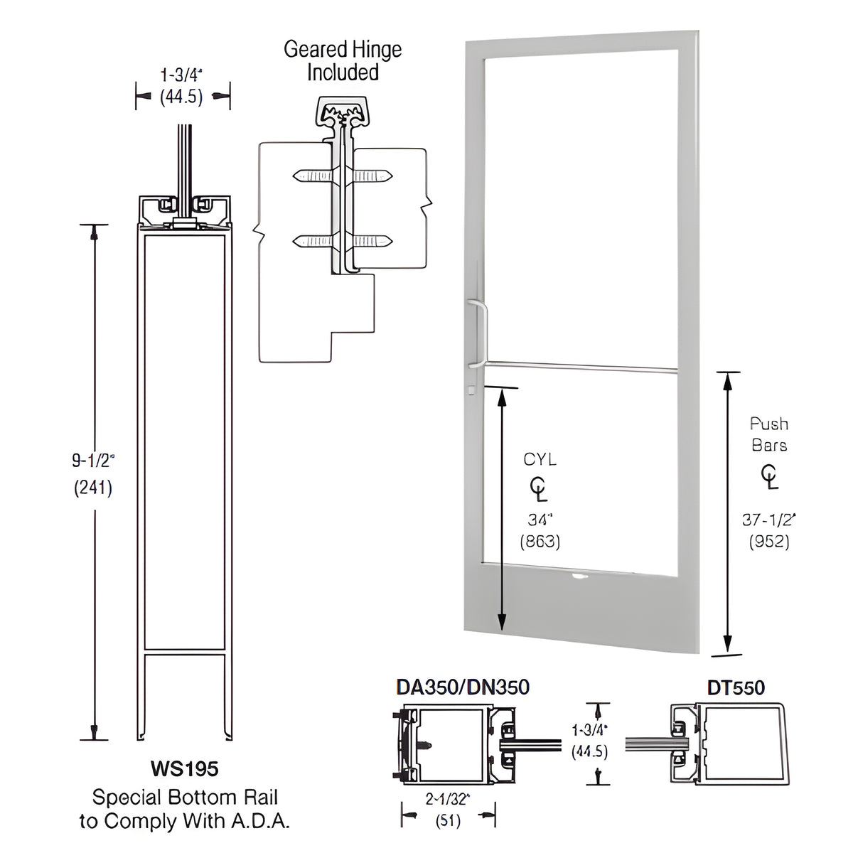 CRL-U.S. Aluminum Clear Anodized 250 Series Narrow Stile Active Leaf of Pair 3'0 x 7'0 Offset Hung with Geared Hinged Complete ADA Door with Lock Indicator, Cylinder Guard - for 1/4" Glazing