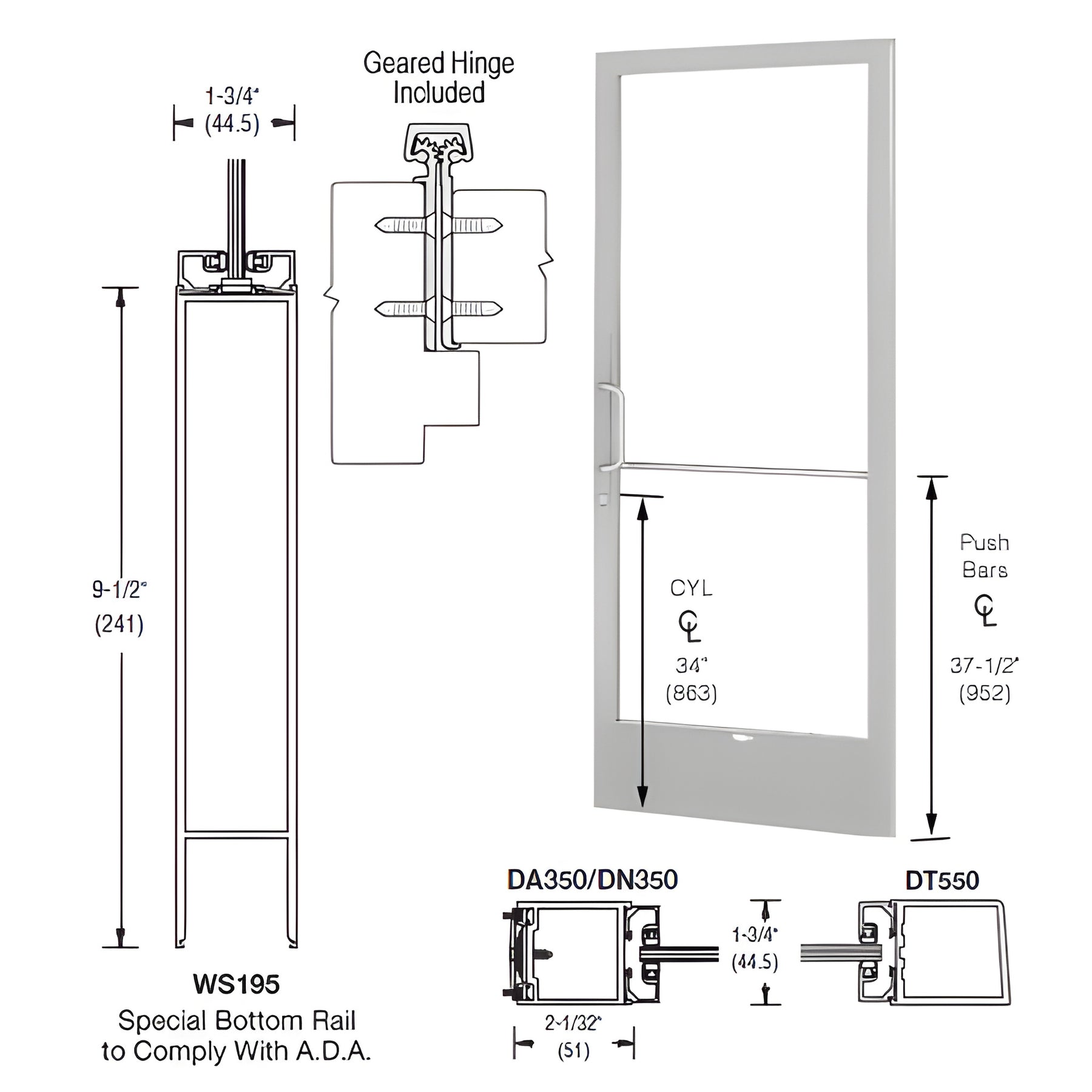 CRL-U.S. Aluminum Clear Anodized 250 Series Narrow Stile Active Leaf of Pair 3'0 x 7'0 Offset Hung with Geared Hinged Complete ADA Door with Lock Indicator, Cylinder Guard - for 1/4" Glazing