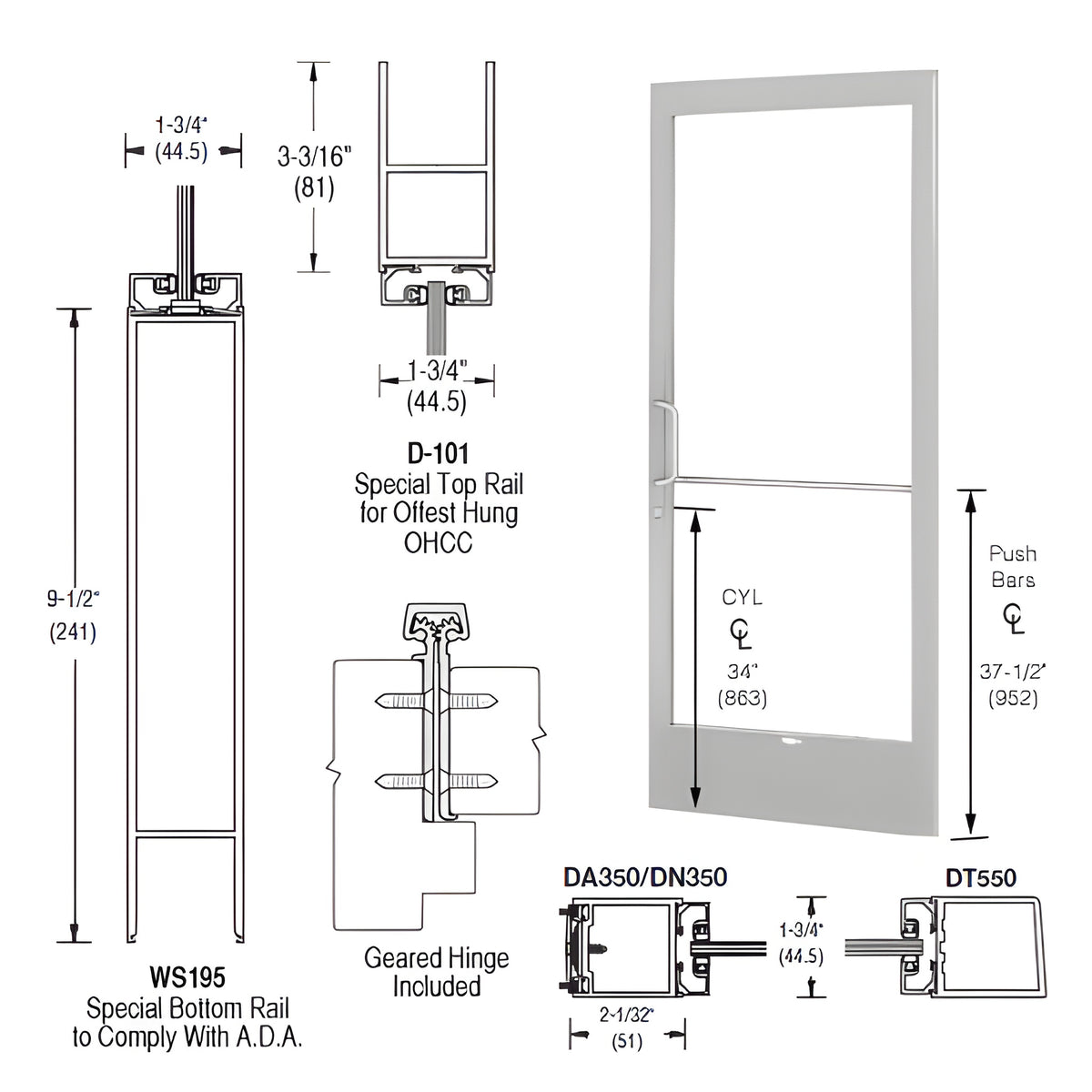CRL-U.S. Aluminum Clear Anodized 250 Series Narrow Stile Active Leaf of Pair Offset Hung with Geared Hinged for OHCC 105º Closer Complete ADA Door(s) with Lock Indicator, Cyl Guard