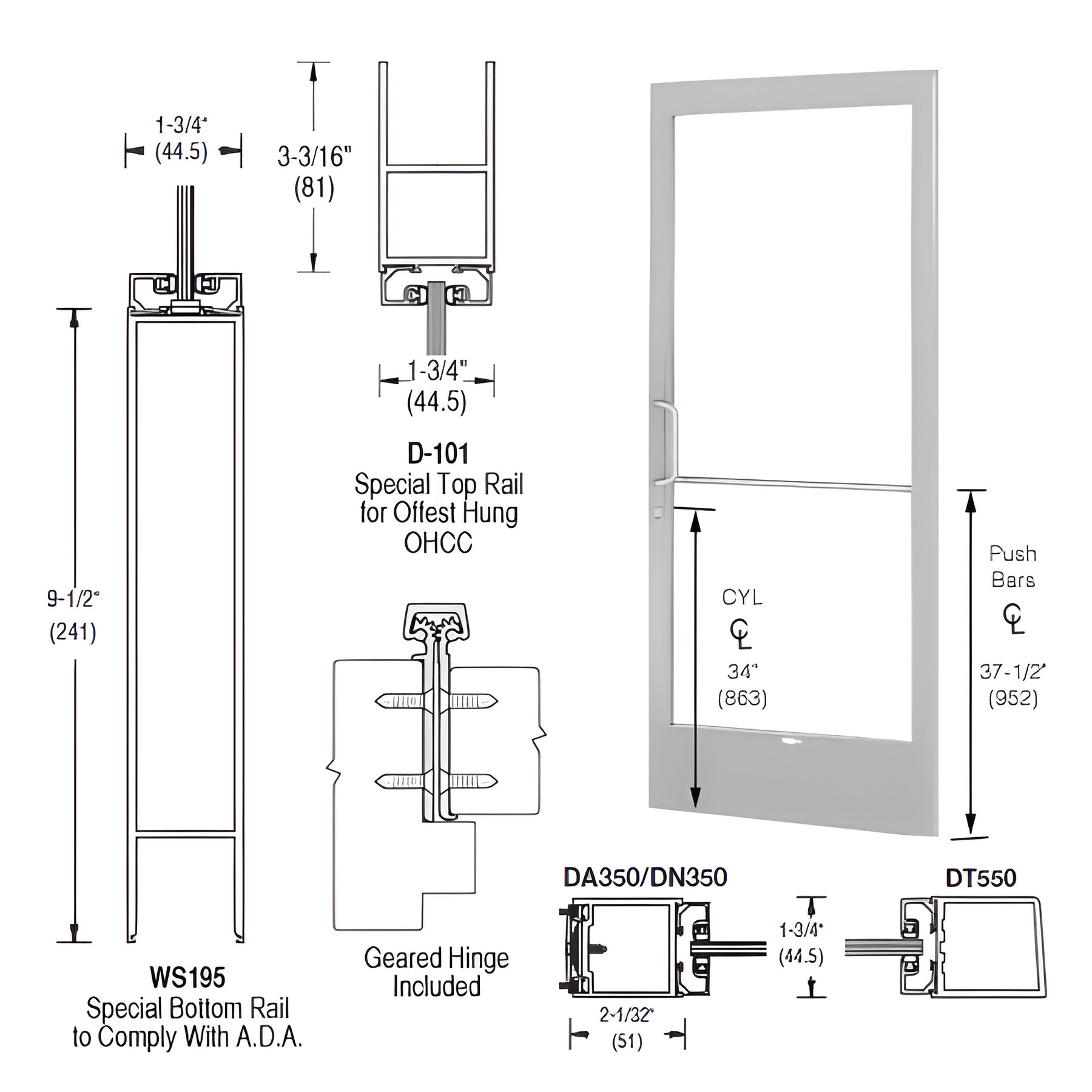 CRL-U.S. Aluminum Clear Anodized 250 Series Narrow Stile Active Leaf of Pair Offset Hung with Geared Hinged for OHCC 105º Closer Complete ADA Door(s) with Lock Indicator, Cyl Guard