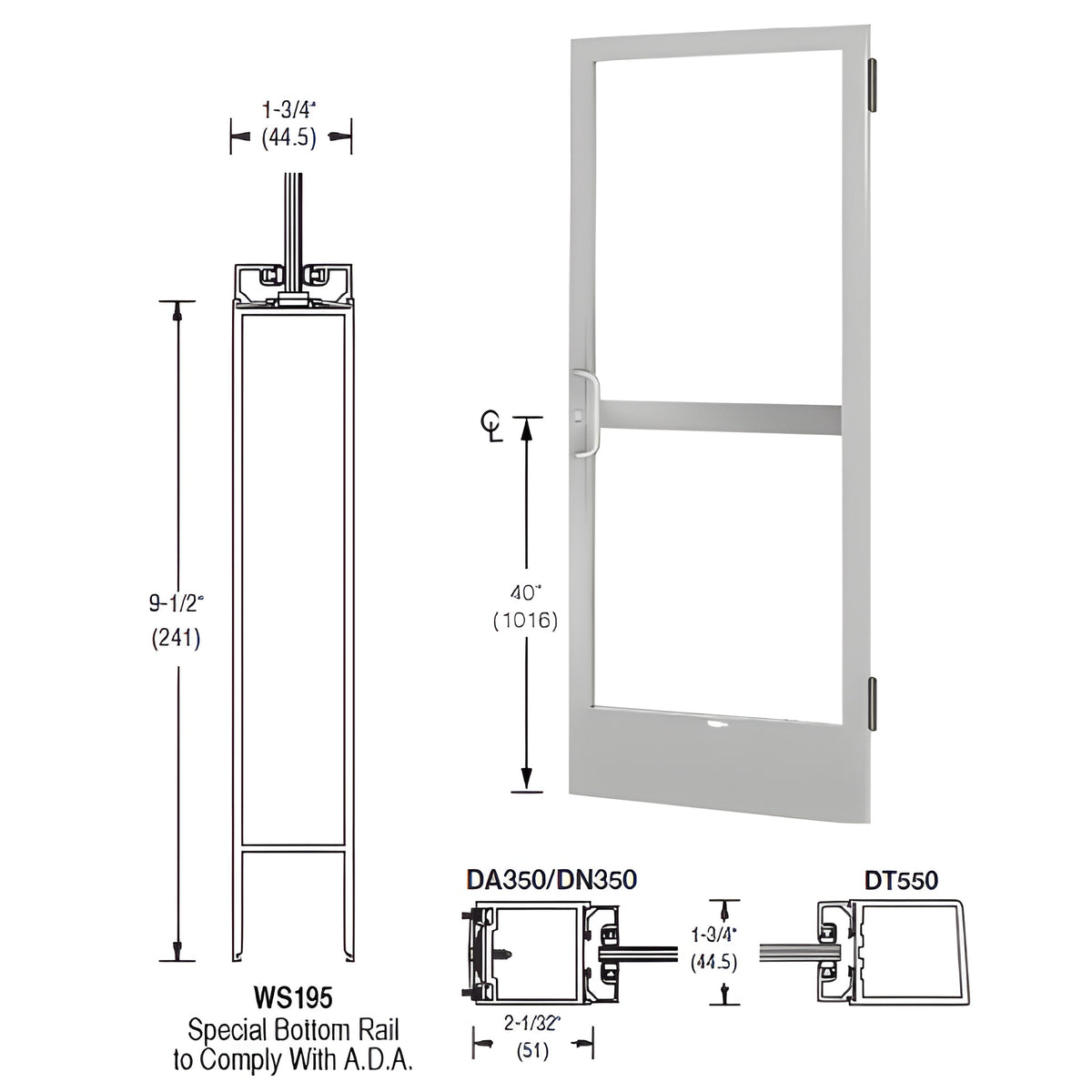 CRL-U.S. Aluminum Clear Anodized 250 Series Narrow Stile Active Leaf of Pair 3'0 x 7'0 Offset Hung with Butt Hinges for Surface Mount Closer Complete Panic Door with Standard Panic and 9-1/2" Bottom Rail