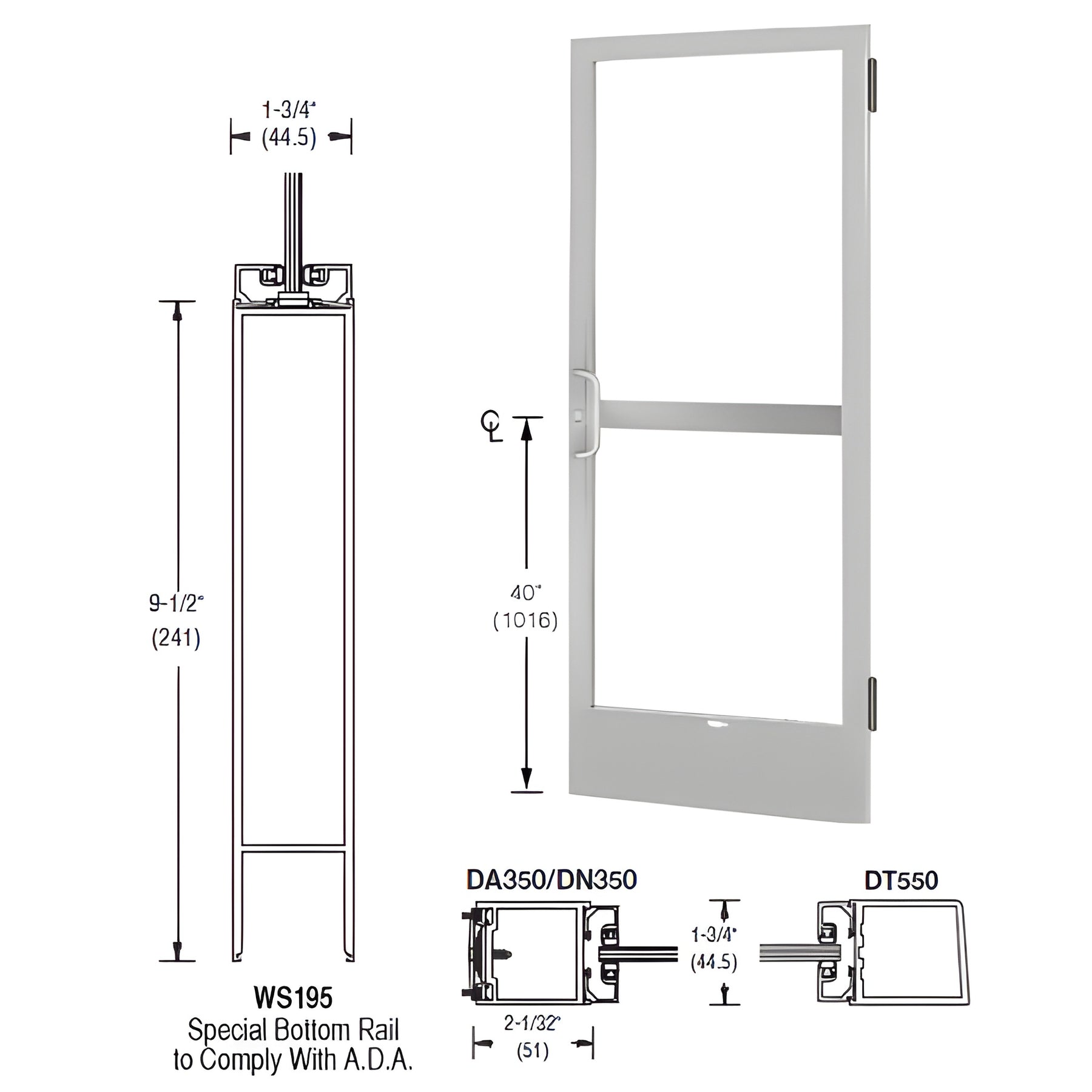 CRL-U.S. Aluminum Clear Anodized 250 Series Narrow Stile Active Leaf of Pair 3'0 x 7'0 Offset Hung with Butt Hinges for Surface Mount Closer Complete Panic Door with Standard Panic and 9-1/2" Bottom Rail