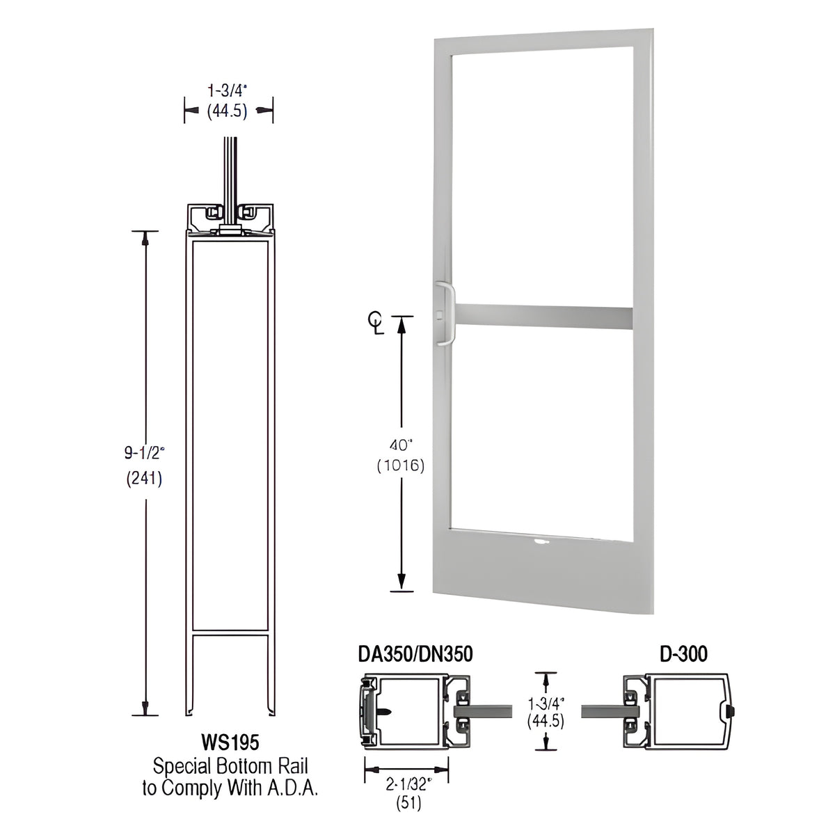 CRL-U.S. Aluminum Clear Anodized 250 Series Narrow Stile Active Leaf of Pair 3'0 x 7'0 Center Hung for OHCC with Standard Push Bars Complete Panic Door with Standard Panic and 9-1/2" Bottom Rail