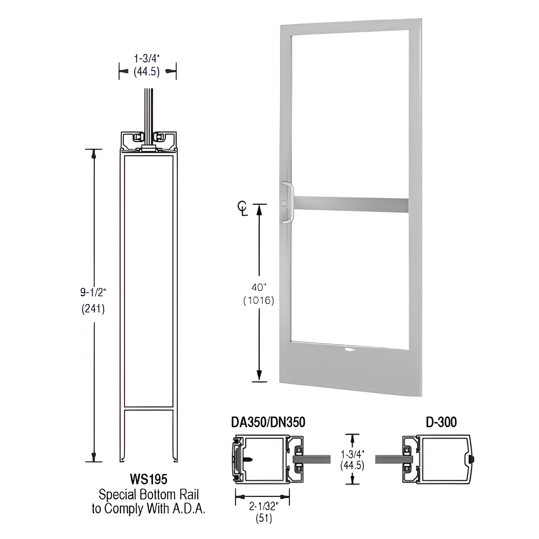 CRL-U.S. Aluminum Clear Anodized 250 Series Narrow Stile Active Leaf of Pair 3'0 x 7'0 Center Hung for OHCC with Standard Push Bars Complete Panic Door with Standard Panic and 9-1/2" Bottom Rail