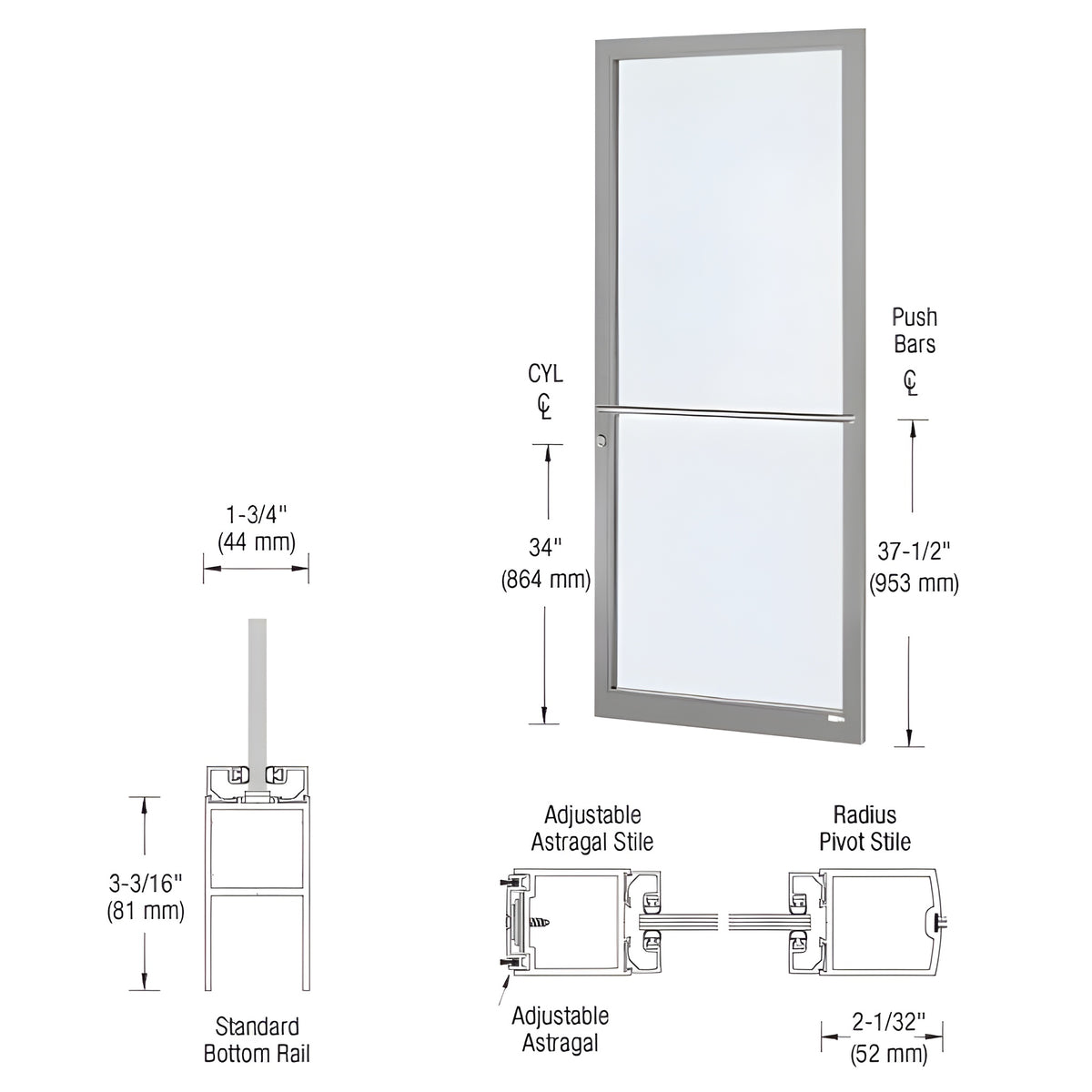 CRL-U.S. Aluminum Clear Anodized 250 Series Narrow Stile Active Leaf of Pair 3'0 x 7'0 Center Hung for OHCC w/Standard Push Bars Complete Door Std. MS Lock & Bottom Rail