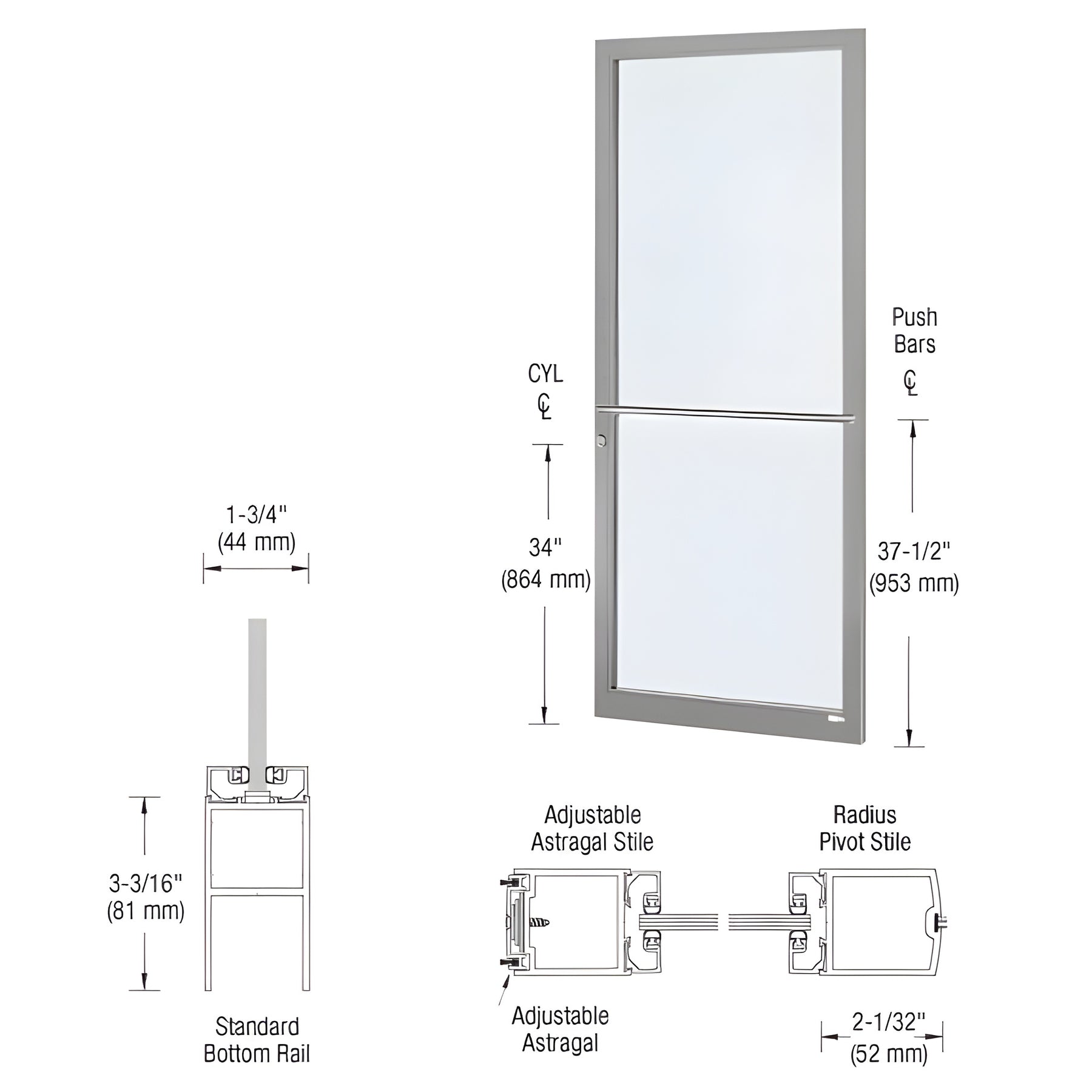 CRL-U.S. Aluminum Clear Anodized 250 Series Narrow Stile Active Leaf of Pair 3'0 x 7'0 Center Hung for OHCC w/Standard Push Bars Complete Door Std. MS Lock & Bottom Rail