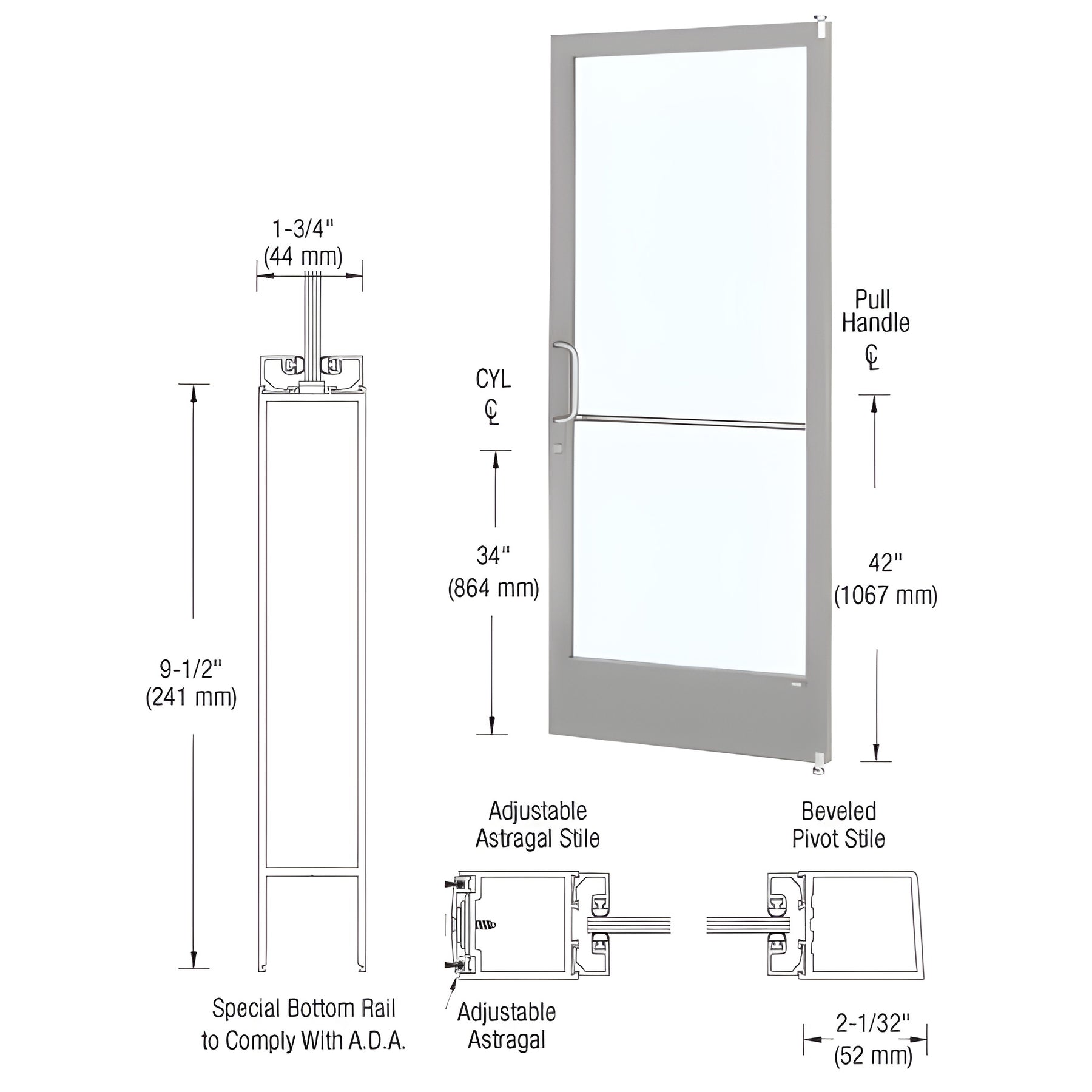 CRL-U.S. Aluminum Clear Anodized 250 Series Narrow Stile Active Leaf of Pair 3'0 x 7'0 Offset Hung with Pivots for Surf Mount Closer Complete Door Std. Lock and 9-1/2" Bottom Rail