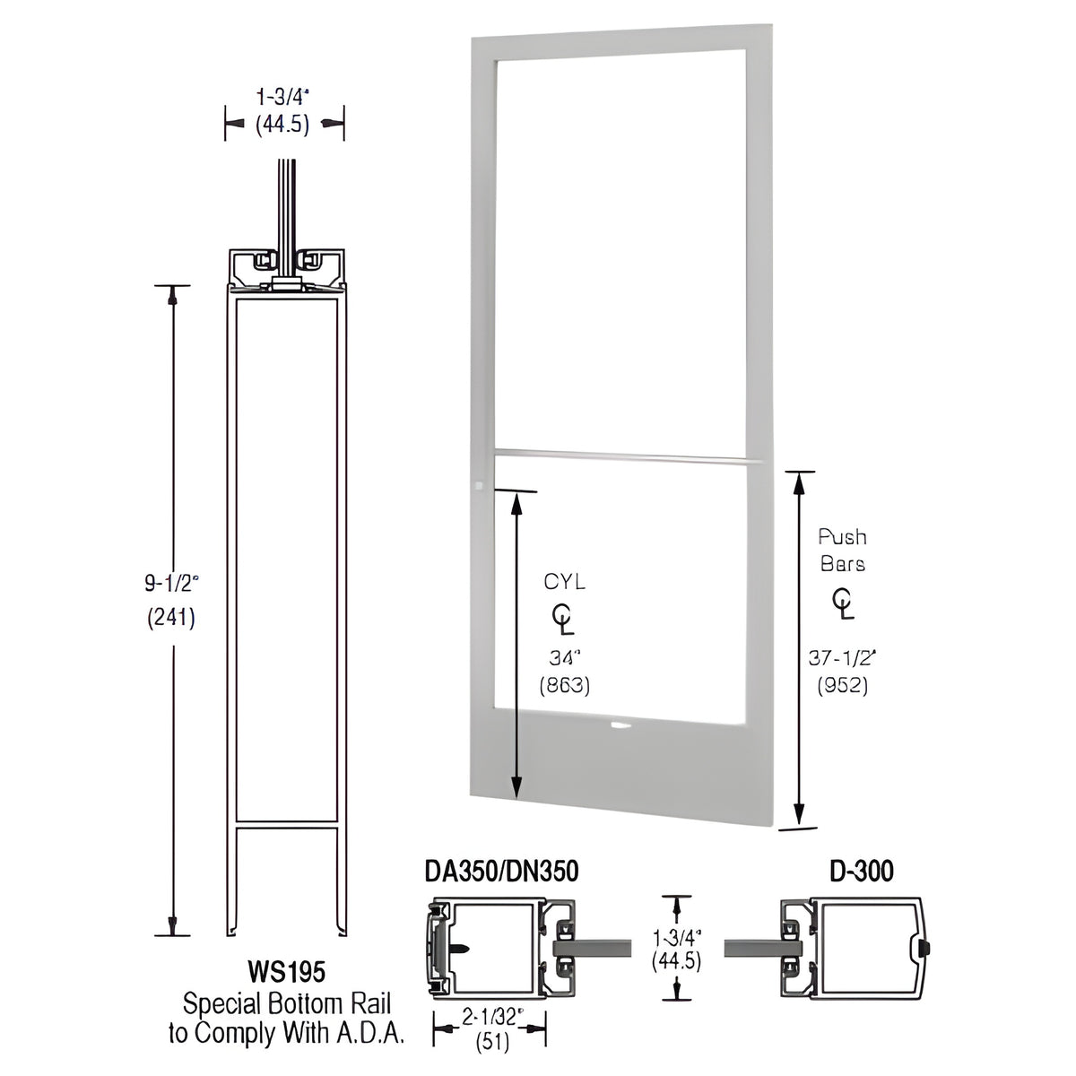 CRL-U.S. Aluminum Clear Anodized 250 Series Narrow Stile Active Leaf of Pair 3'0 x 7'0 Center Hung for OHCC w/Standard Push Bars Complete Door Std. Lock & 9-1/2" Bottom Rail
