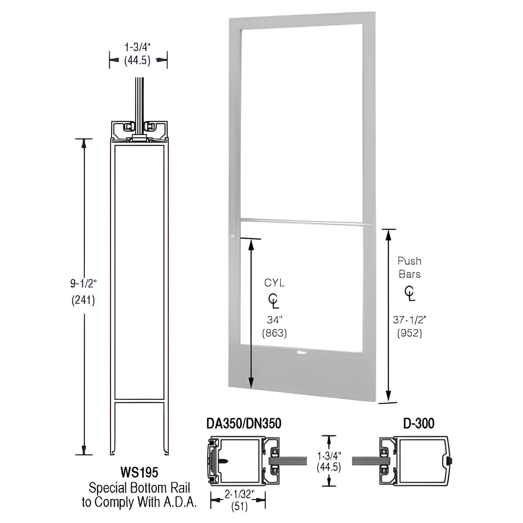 CRL-U.S. Aluminum Clear Anodized 250 Series Narrow Stile Active Leaf of Pair 3'0 x 7'0 Center Hung for OHCC w/Standard Push Bars Complete Door Std. Lock & 9-1/2" Bottom Rail