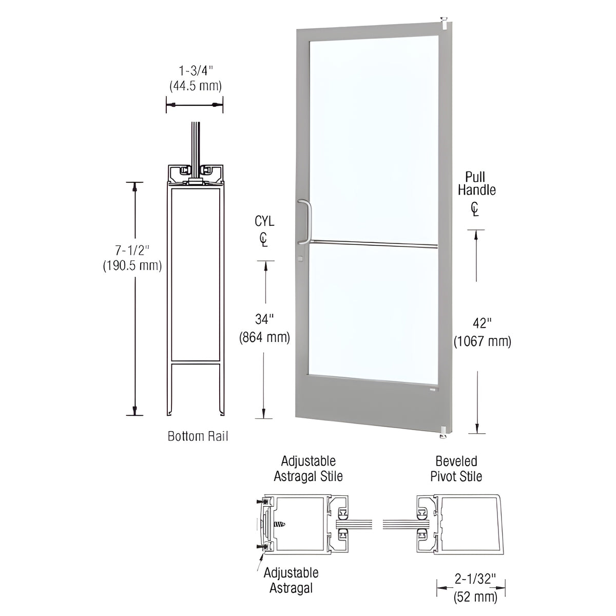 CRL-U.S. Aluminum Clear Anodized 250 Series Narrow Stile Active Leaf of Pair 3'0 x 7'0 Offset Hung with Pivots for Surf Mount Closer Complete Door/Std. MS Lock, 7-1/2" Standard Bottom Rail