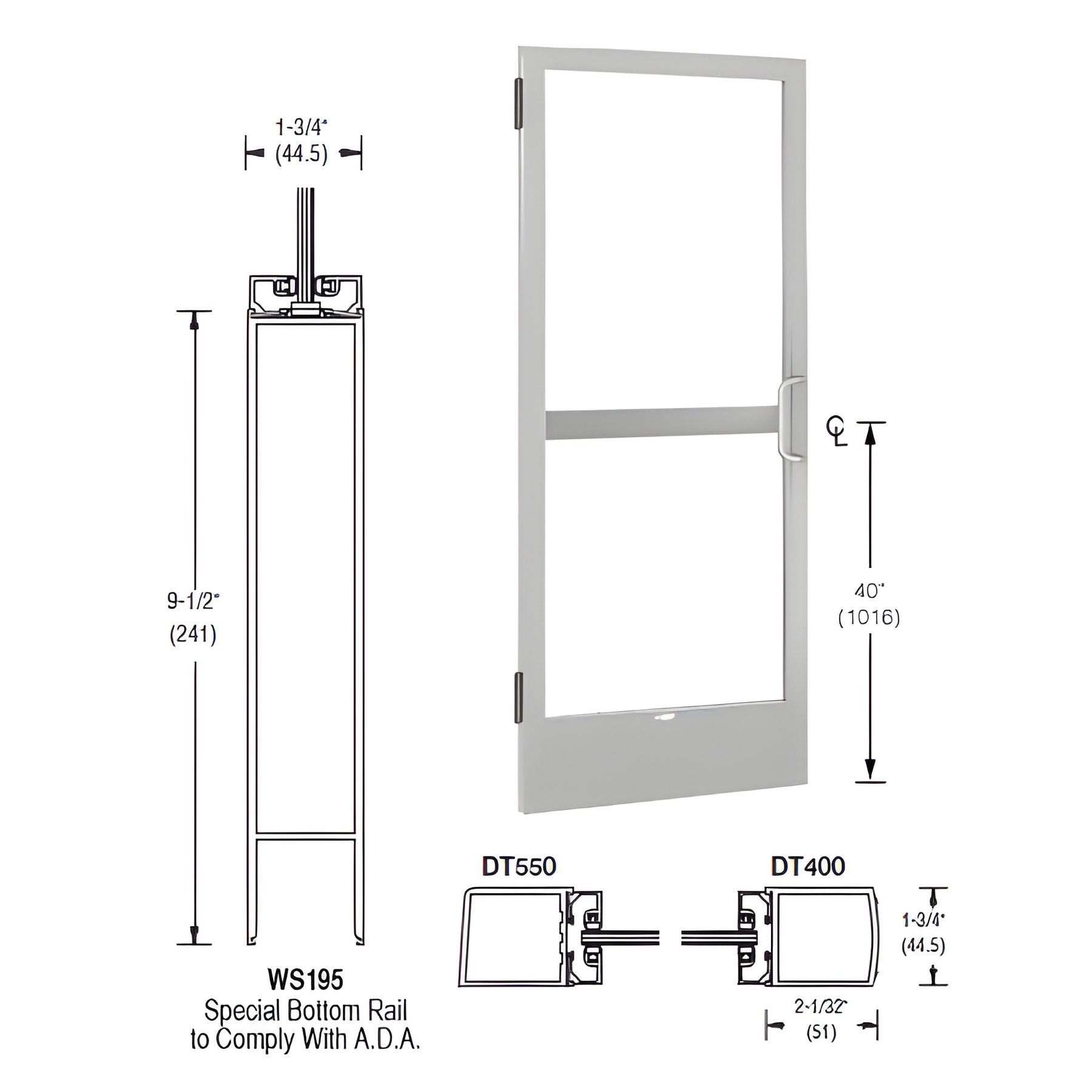 CRL-U.S. Aluminum Clear Anodized 250 Series Narrow Stile Inactive Leaf of Pair 3'0 x 7'0 Offset Hung with Butt Hinges for Surface Mount Closer Complete Panic Door for 1" Glass with Standard Panic and 9-1/2" Bottom Rail