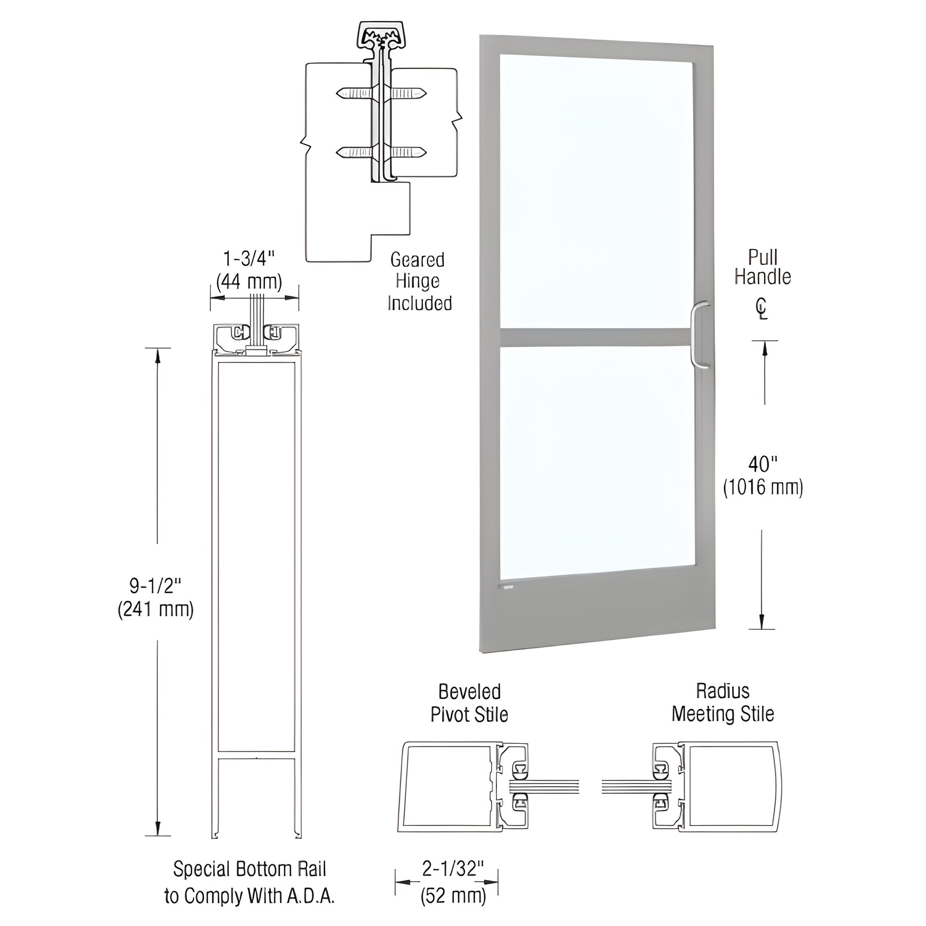 CRL-U.S. Aluminum Clear Anodized 250 Series Narrow Stile Inactive Leaf of Pair 3'0 x 7'0 Offset Hung with Geared Hinged Complete Panic Door for 1" Glass with Standard Panic and 9-1/2" Bottom Rail