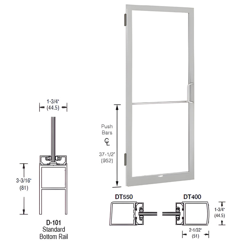 CRL-U.S. Aluminum Clear Anodized 250 Series Narrow Stile Inactive Leaf of Pair 3'0 x 7'0 Offset Hung with Butt Hinges for Surf Mount Closer