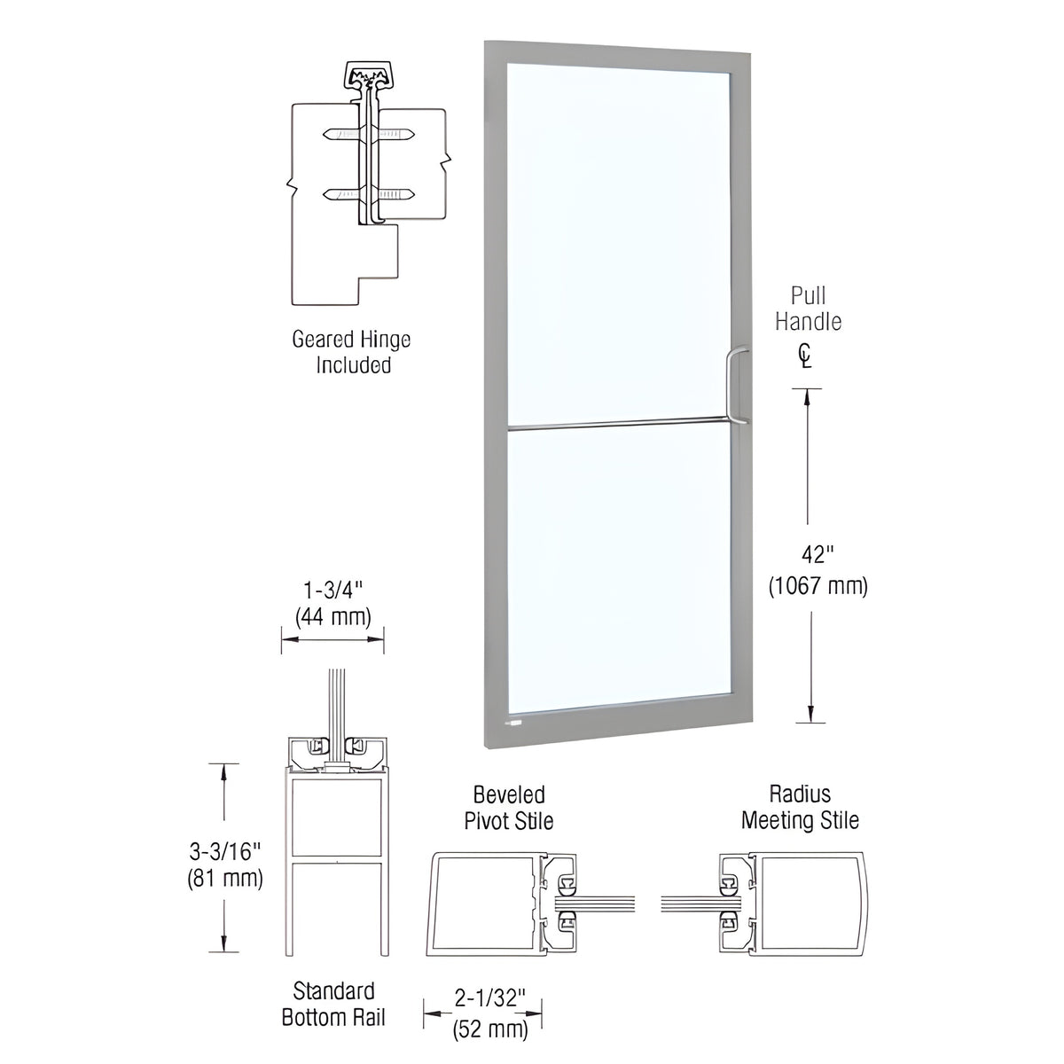 CRL-U.S. Aluminum Clear Anodized 250 Series Narrow Stile Inactive Leaf of Pair 3'0 x 7'0 Offset Hung with Geared Hinged Complete Door for 1" Glass with Standard MS Lock and Bottom Rail