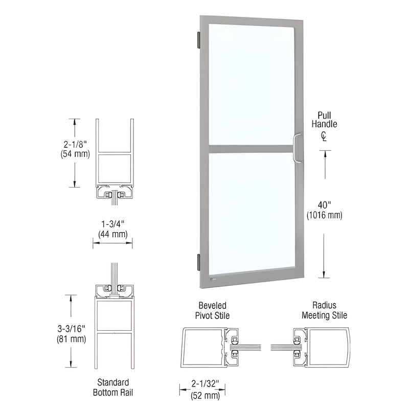 CRL-U.S. Aluminum Clear Anodized 250 Series Narrow Stile Inactive Leaf of Pair 3'0 x 7'0 Offset Hung with Butt Hinges for Surf Mount Closer