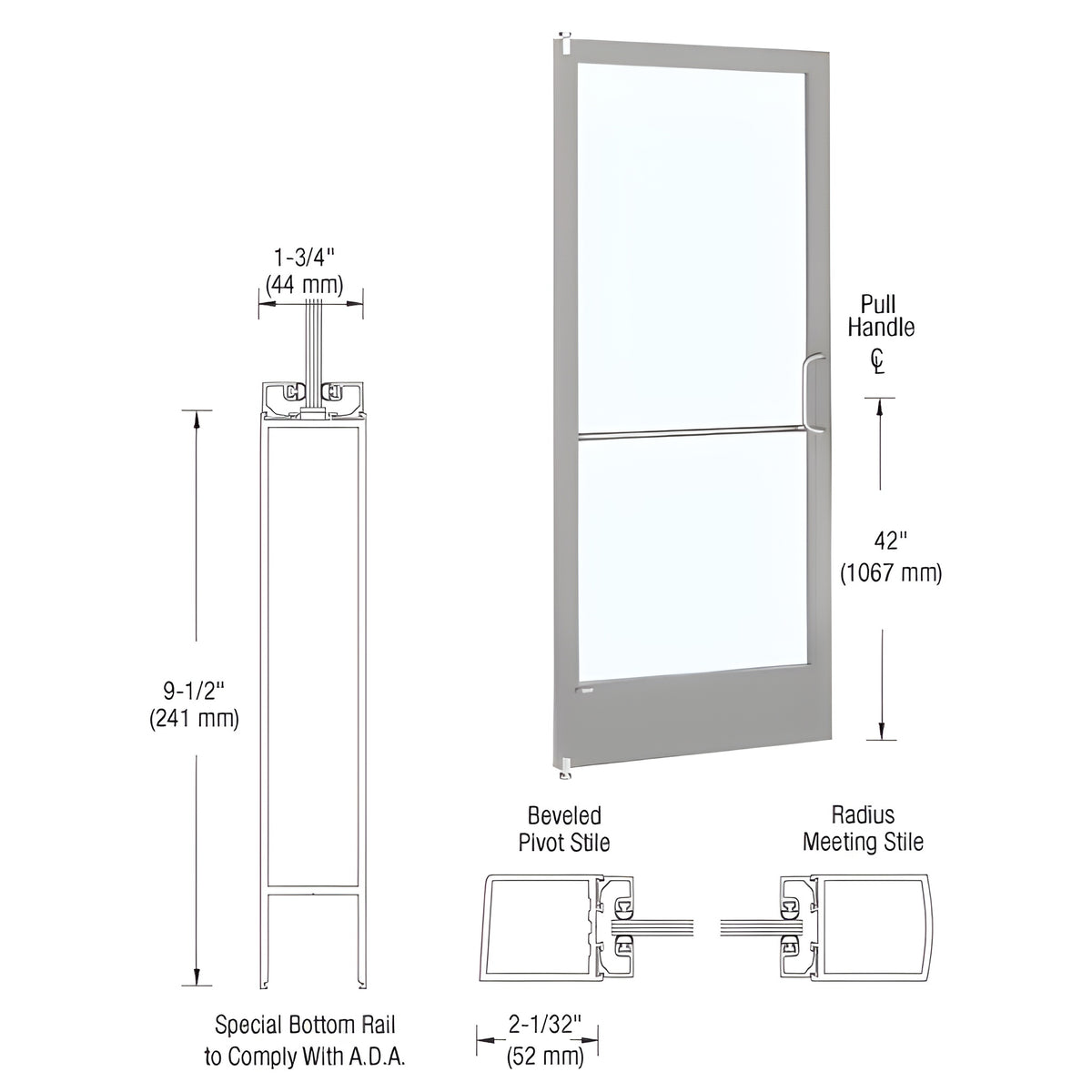 CRL-U.S. Aluminum Clear Anodized 250 Series Narrow Stile Inactive Leaf of Pair 3'0 x 7'0 Offset Hung with Pivots for Surface Mount Closer Complete ADA Door with Lock Indicator, Cylinder Guard - for 1/4" Glazing