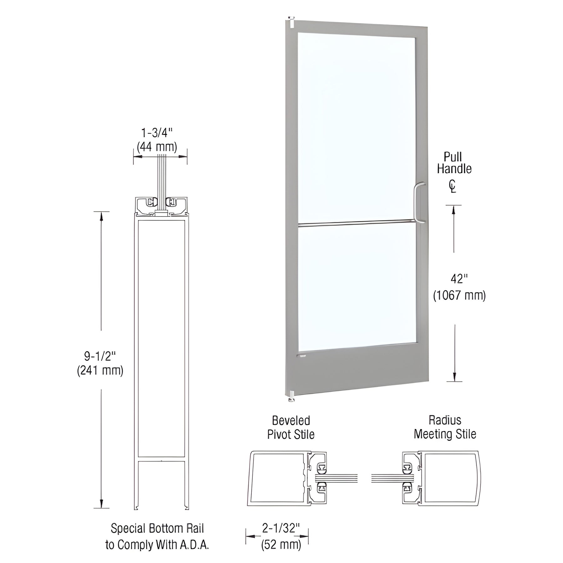 CRL-U.S. Aluminum Clear Anodized 250 Series Narrow Stile Inactive Leaf of Pair 3'0 x 7'0 Offset Hung with Pivots for Surface Mount Closer Complete ADA Door with Lock Indicator, Cylinder Guard - for 1/4" Glazing
