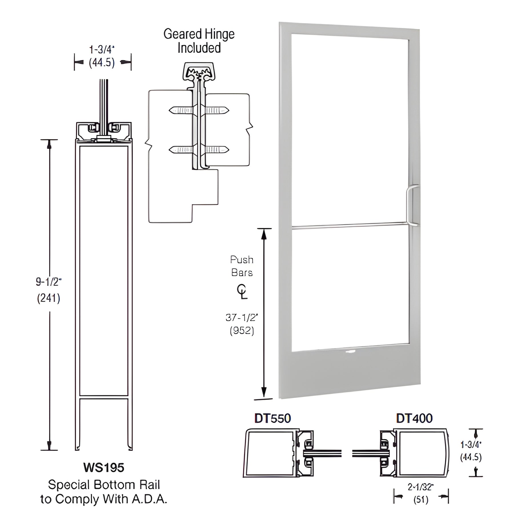 CRL-U.S. Aluminum Clear Anodized 250 Series Narrow Stile Inactive Leaf of Pair 3'0 x 7'0 Offset Hung with Geared Hinged Complete ADA Door with Lock Indicator, Cylinder Guard - for 1/4" Glazing
